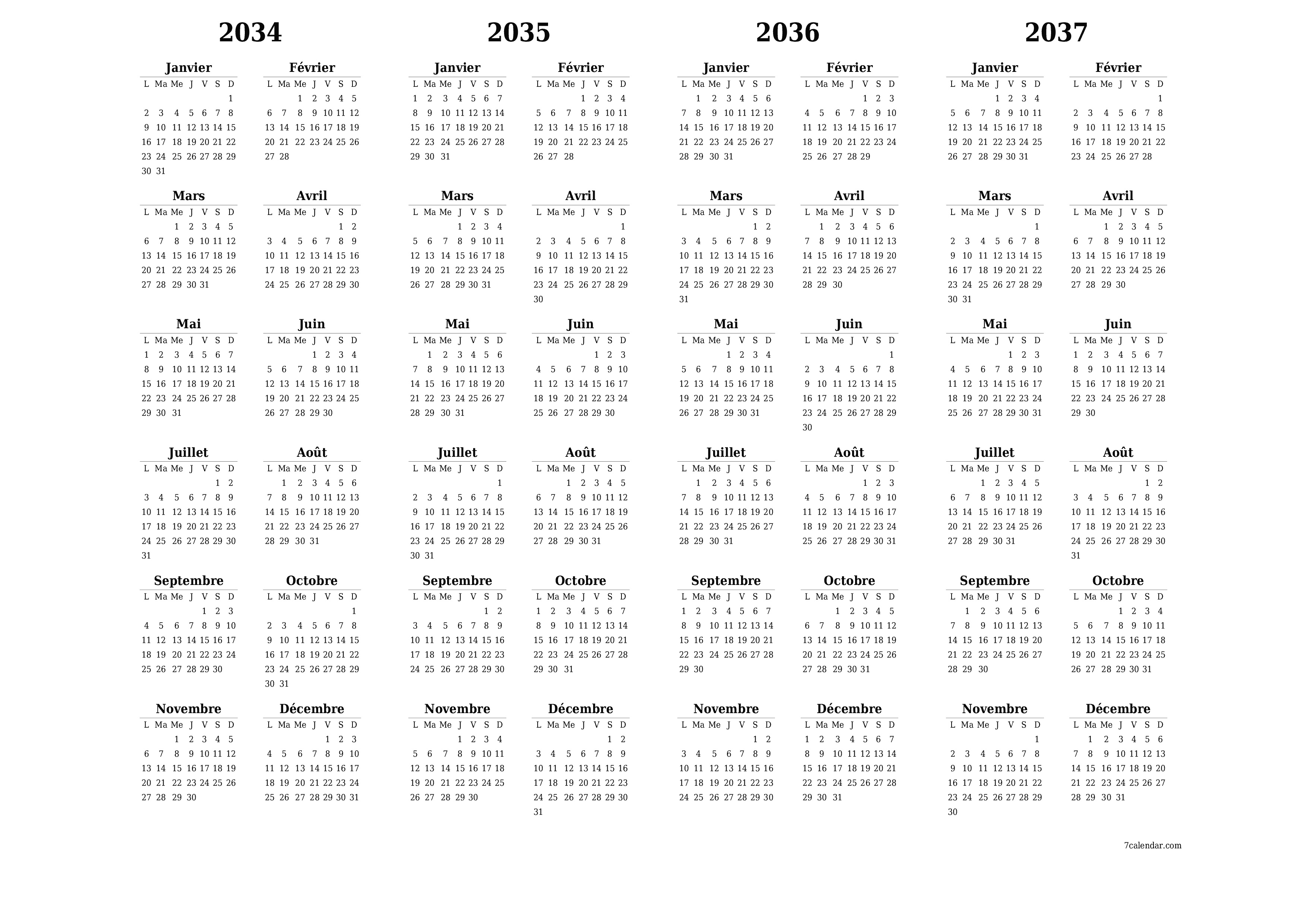 Calendrier annuel vide pour l'année 2034, 2035, 2036, 2037 avec notes, enregistrer et imprimer au format PDF PNG French