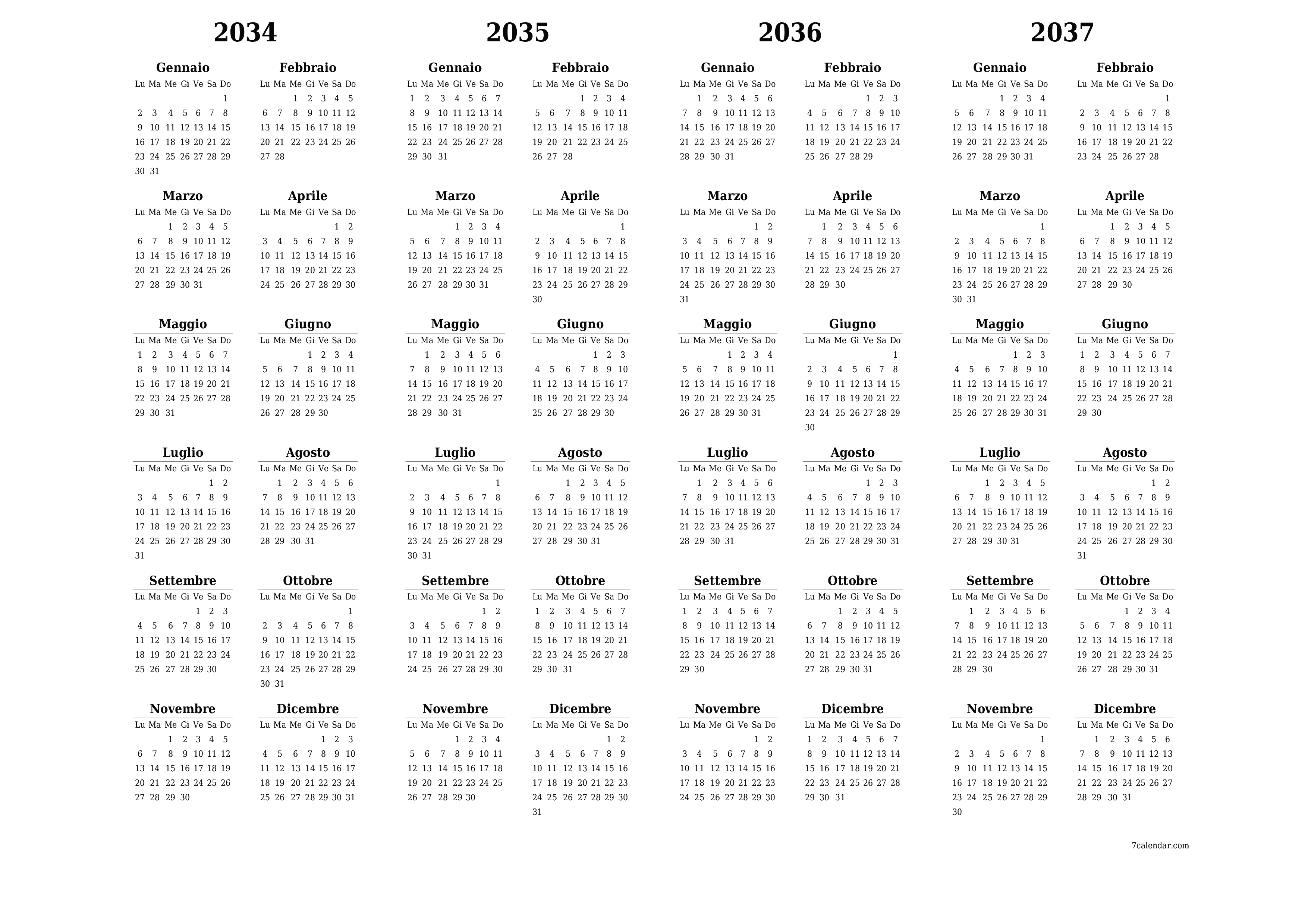 Calendario pianificatore annuale vuoto per l'anno 2034, 2035, 2036, 2037 con note, salva e stampa in PDF PNG Italian