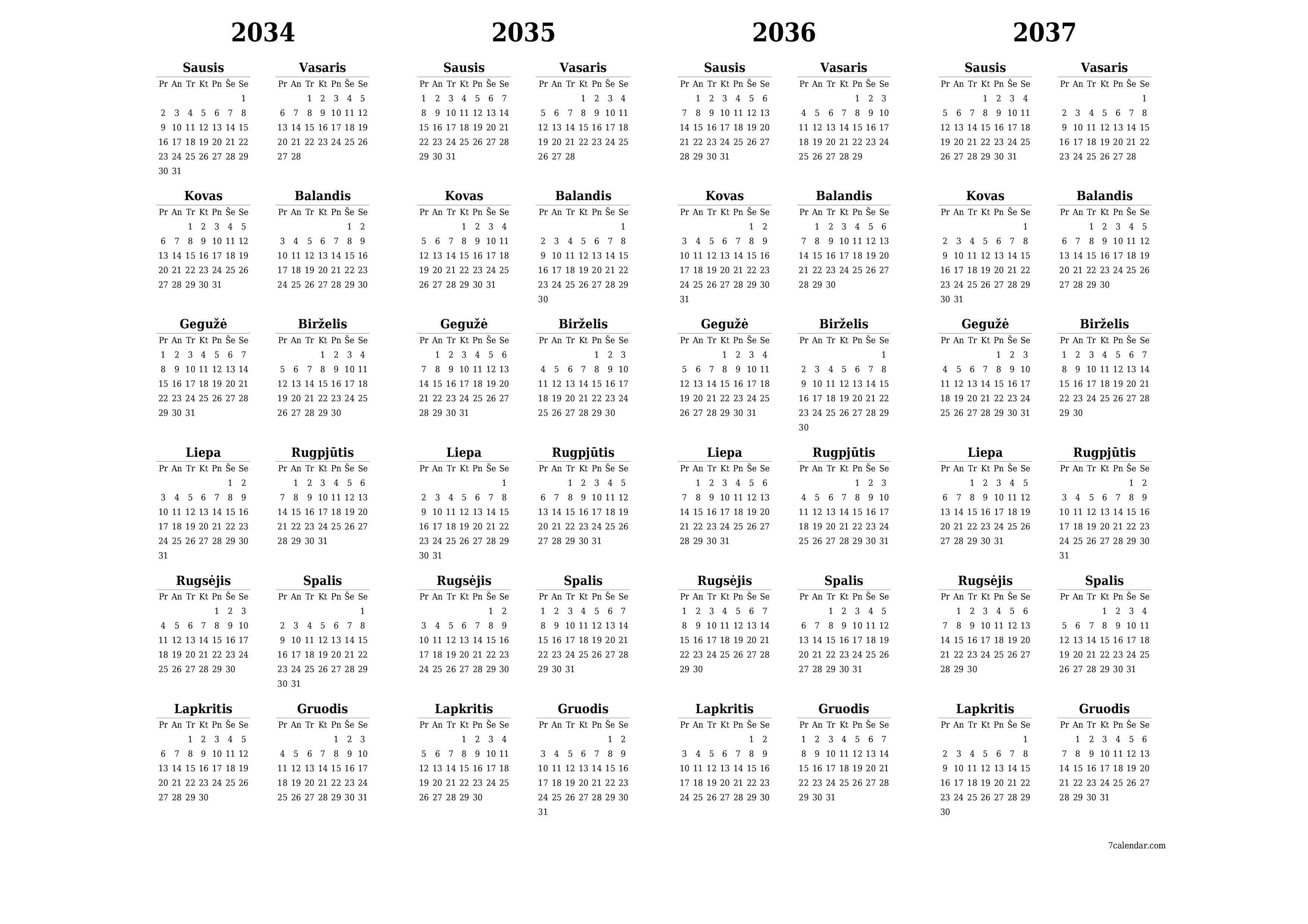 Tuščias metų planavimo kalendorius 2034, 2035, 2036, 2037 su užrašais, išsaugokite ir atsispausdinkite PDF formatu PNG Lithuanian