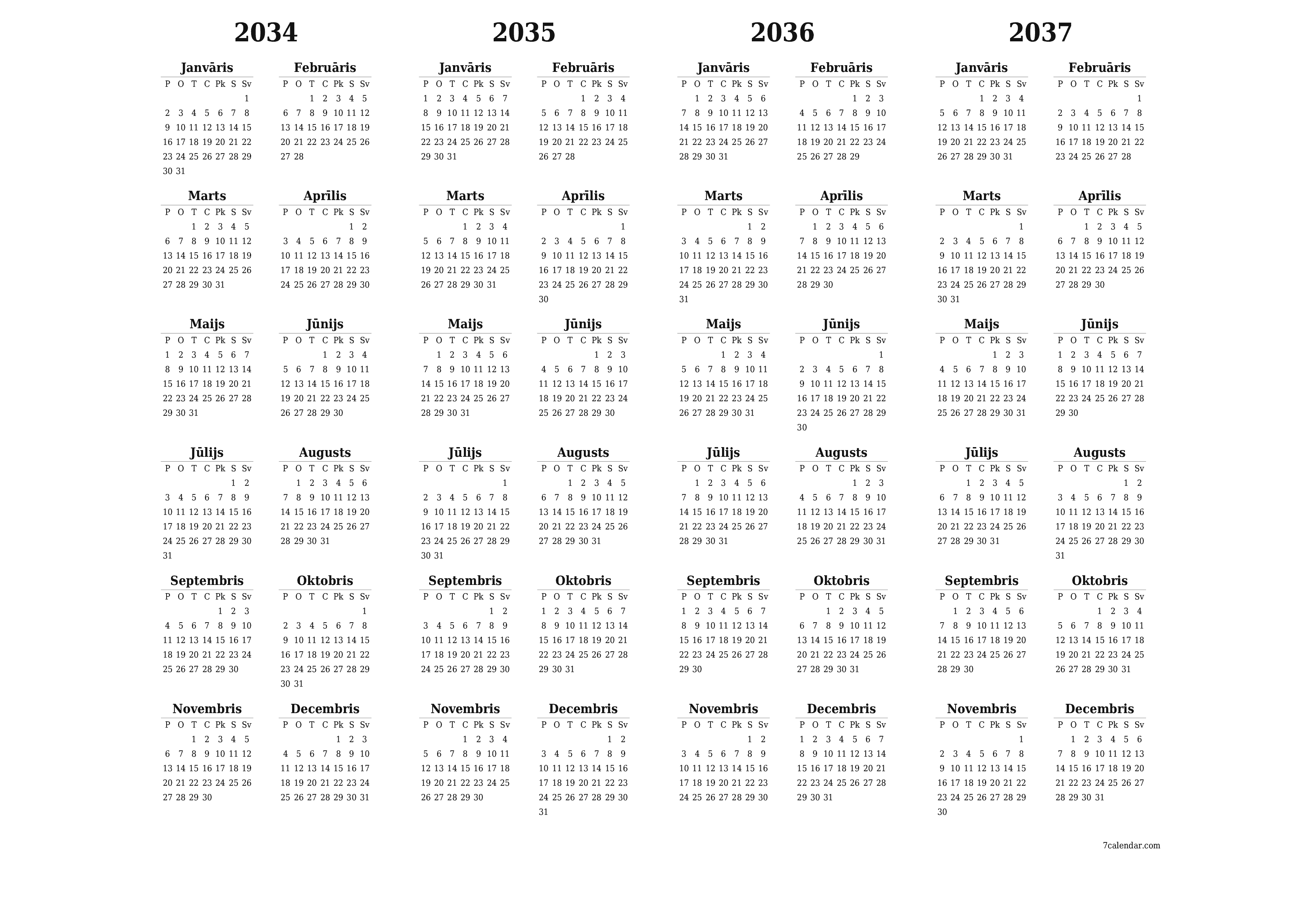 Tukšs gada plānotāja kalendārs gadam 2034, 2035, 2036, 2037 ar piezīmēm, saglabāšana un izdrukāšana PDF formātā PNG Latvian