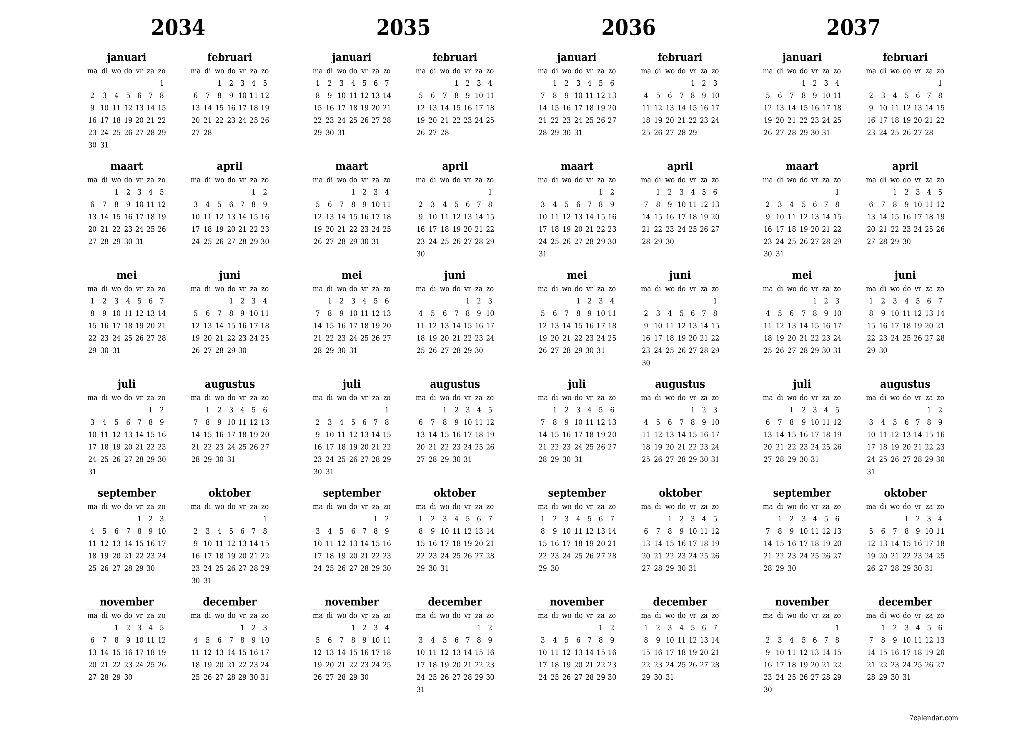 Lege jaarplanningskalender voor het jaar 2034, 2035, 2036, 2037 met notities, opslaan en afdrukken naar pdf PNG Dutch