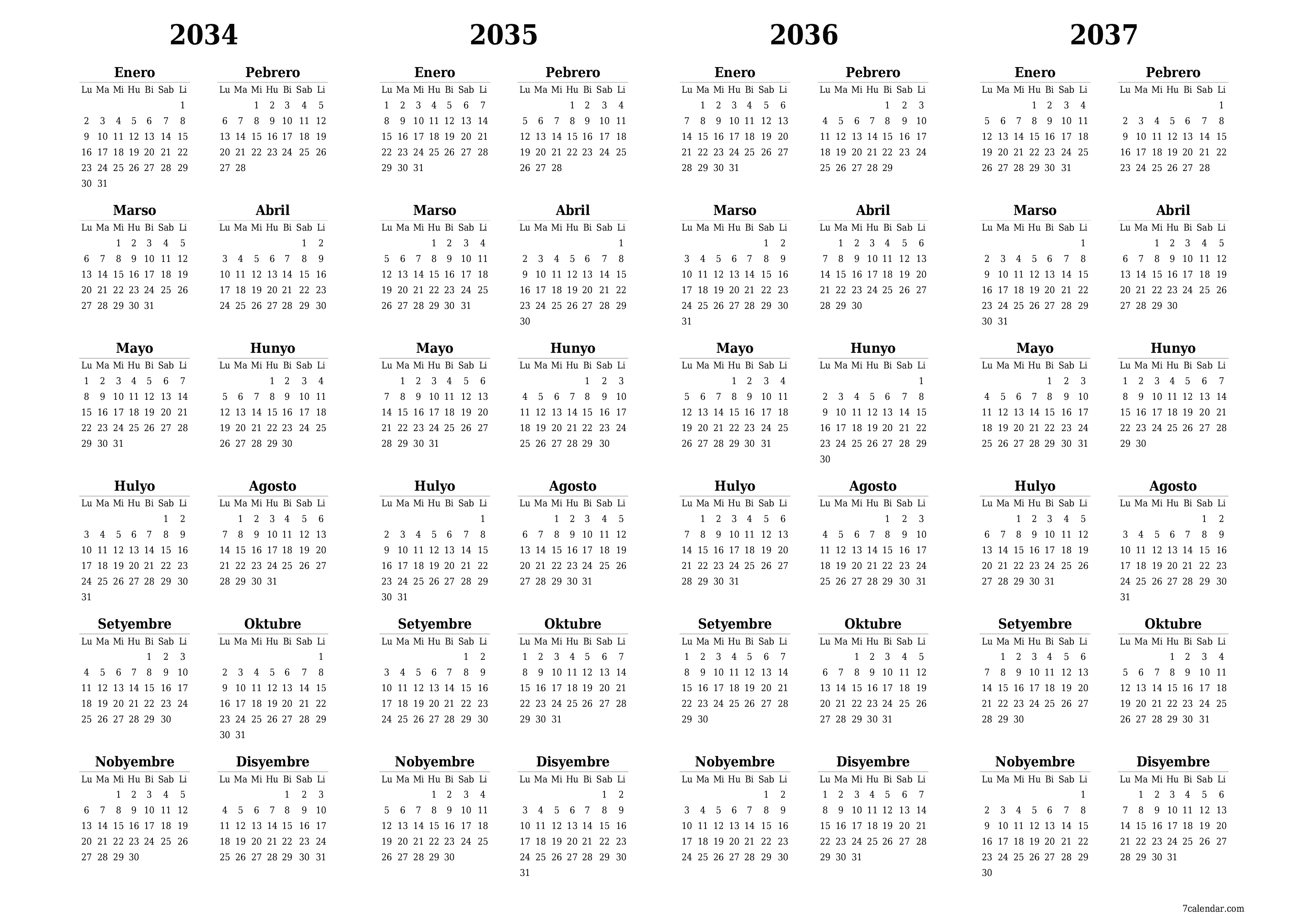 Walang laman ang taunang kalendaryo ng tagaplano para sa taong 2034, 2035, 2036, 2037 na may mga tala, i-save at i-print sa PDF PNG Filipino