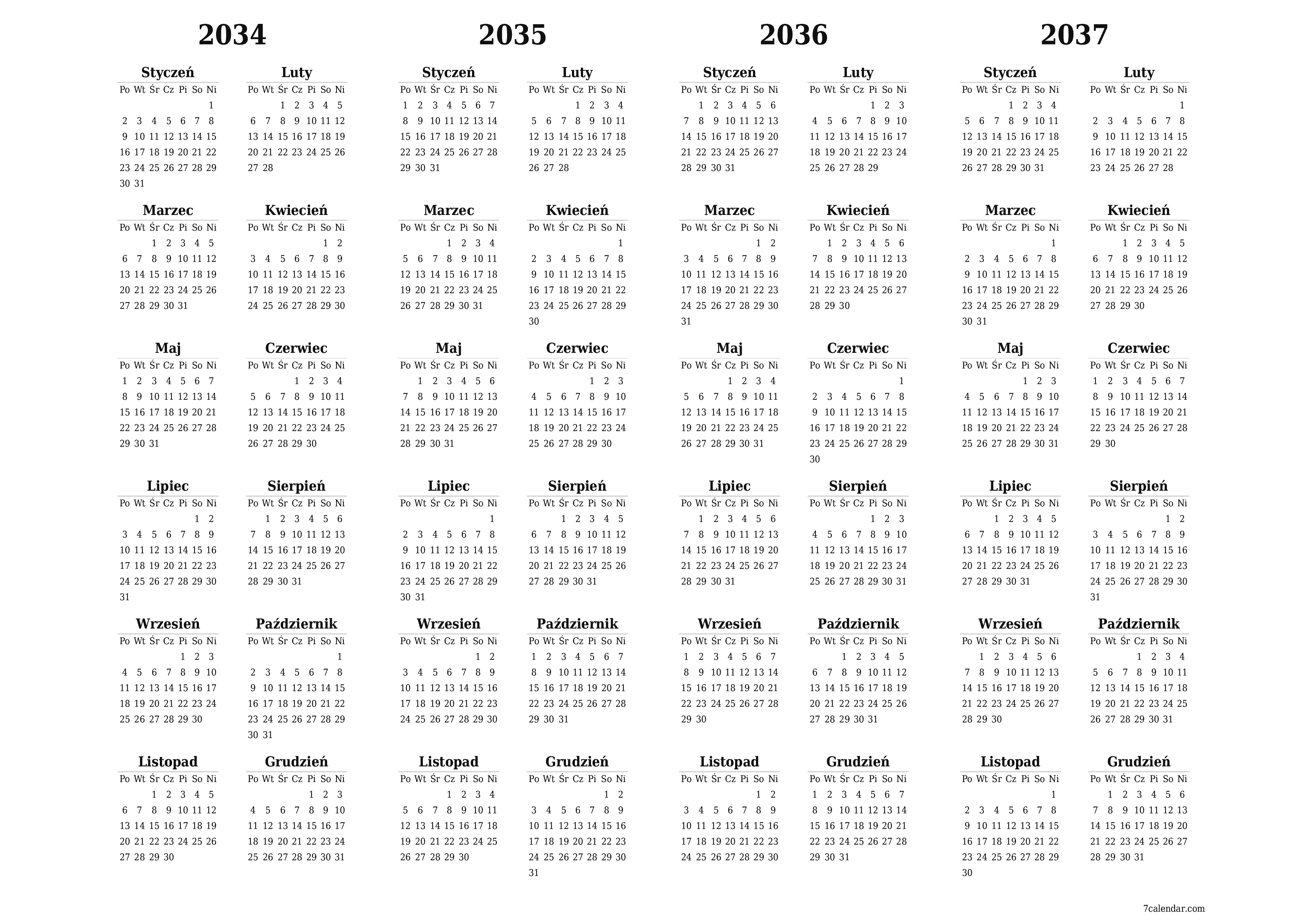 Opróżnij kalendarz rocznego planowania na rok 2034, 2035, 2036, 2037 z notatkami, zapisz i wydrukuj w formacie PDF PNG Polish