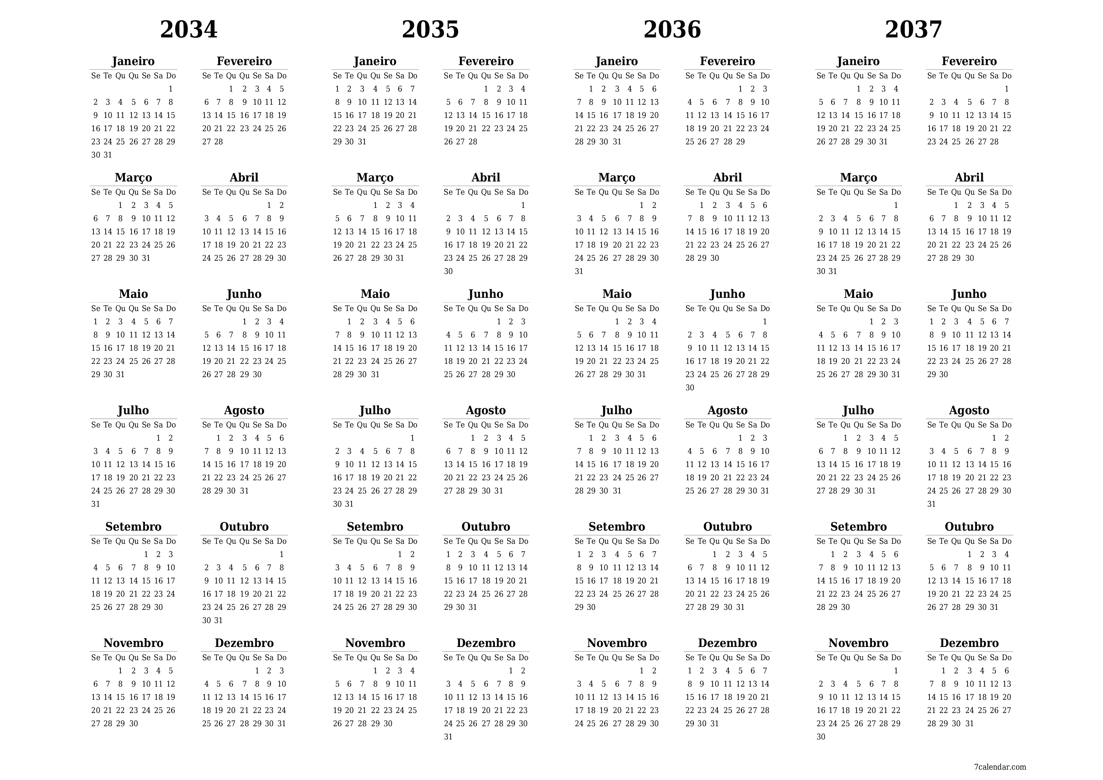 Calendário de planejador anual vazio para o ano 2034, 2035, 2036, 2037 com notas, salve e imprima em PDF PNG Portuguese