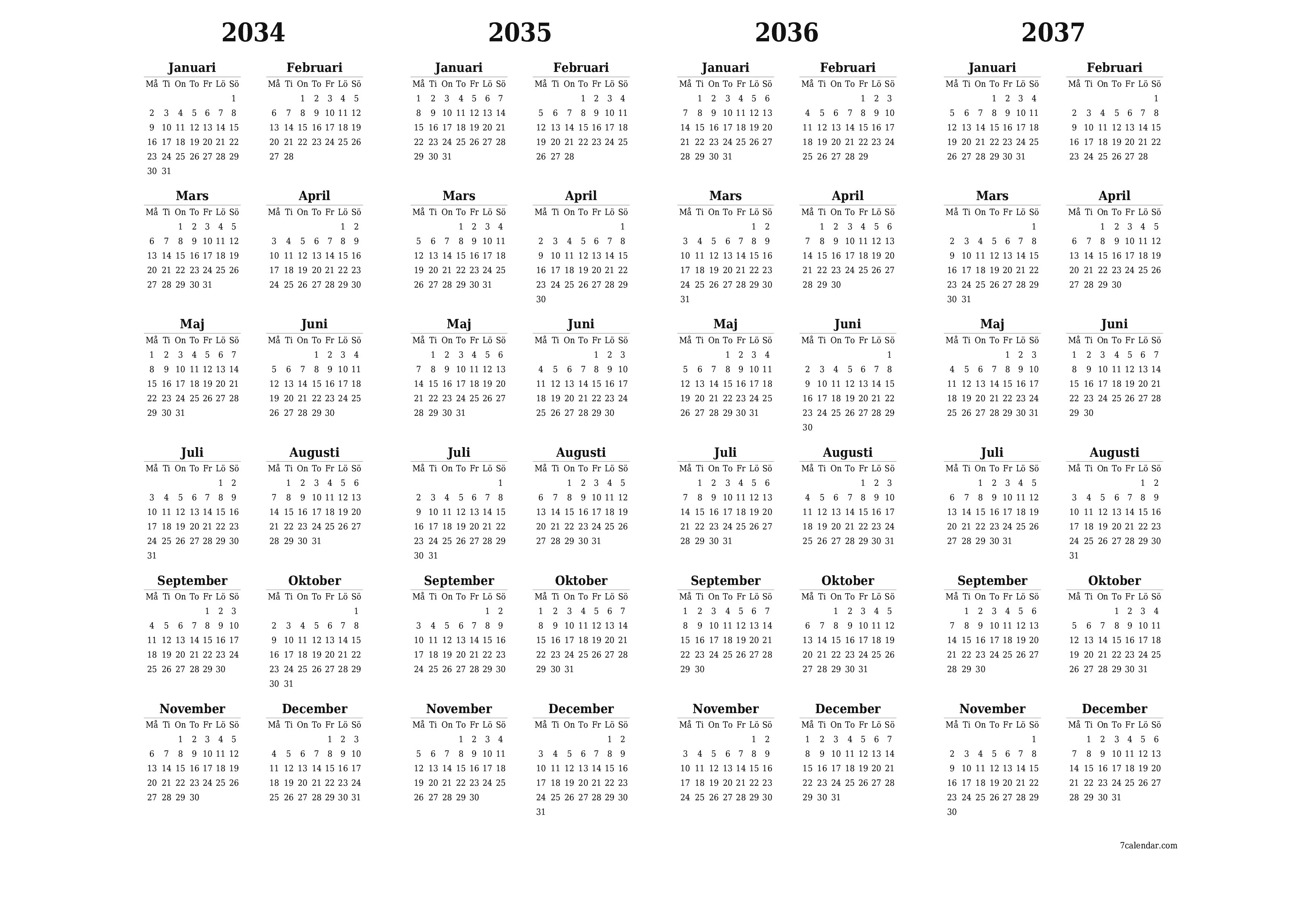 Tom årlig planeringskalender för året 2034, 2035, 2036, 2037 med anteckningar, spara och skriv ut till PDF PNG Swedish