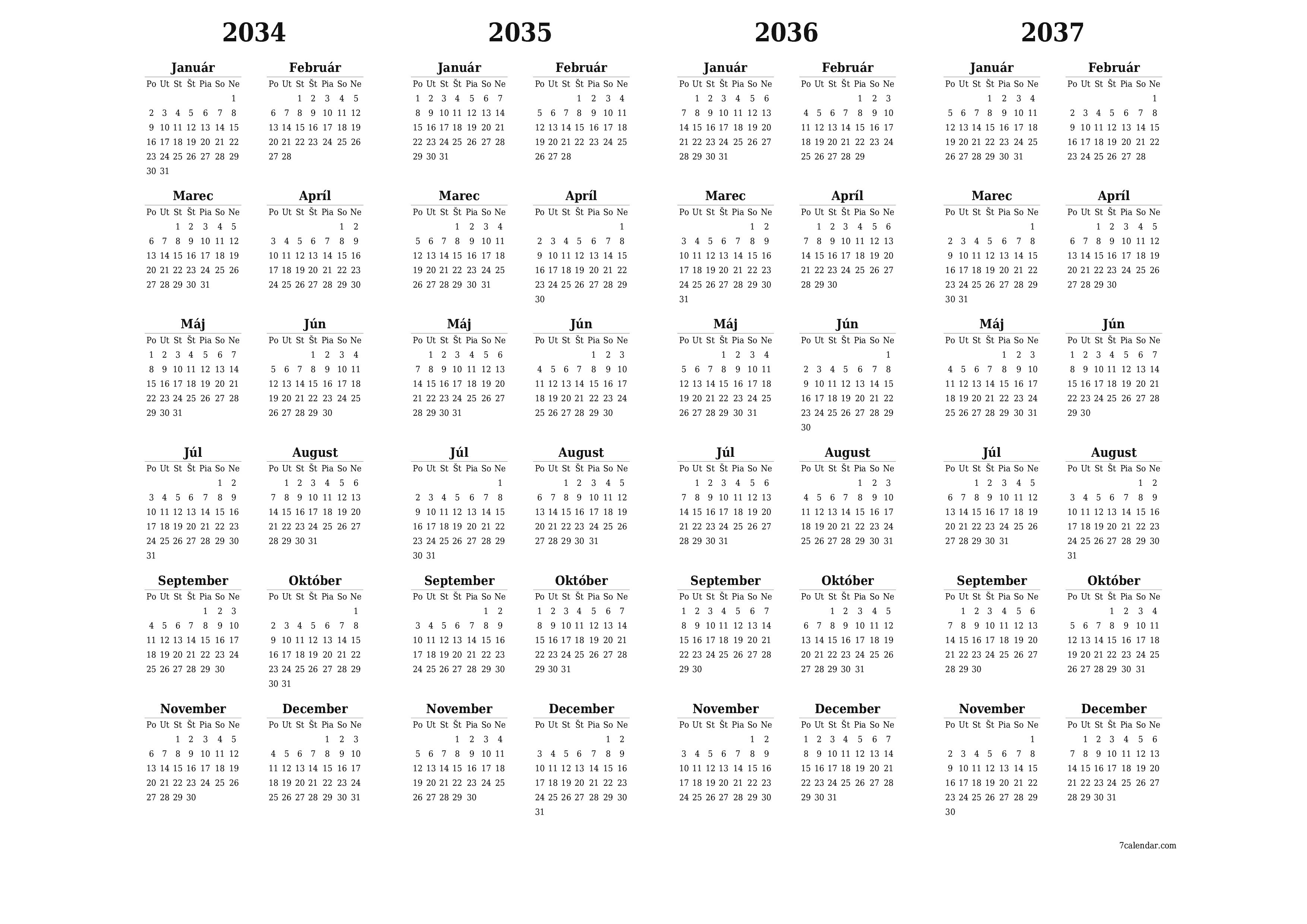 Prázdny ročný kalendár plánovača na rok 2034, 2035, 2036, 2037 s poznámkami, uložením a tlačou do formátu PDF PNG Slovak