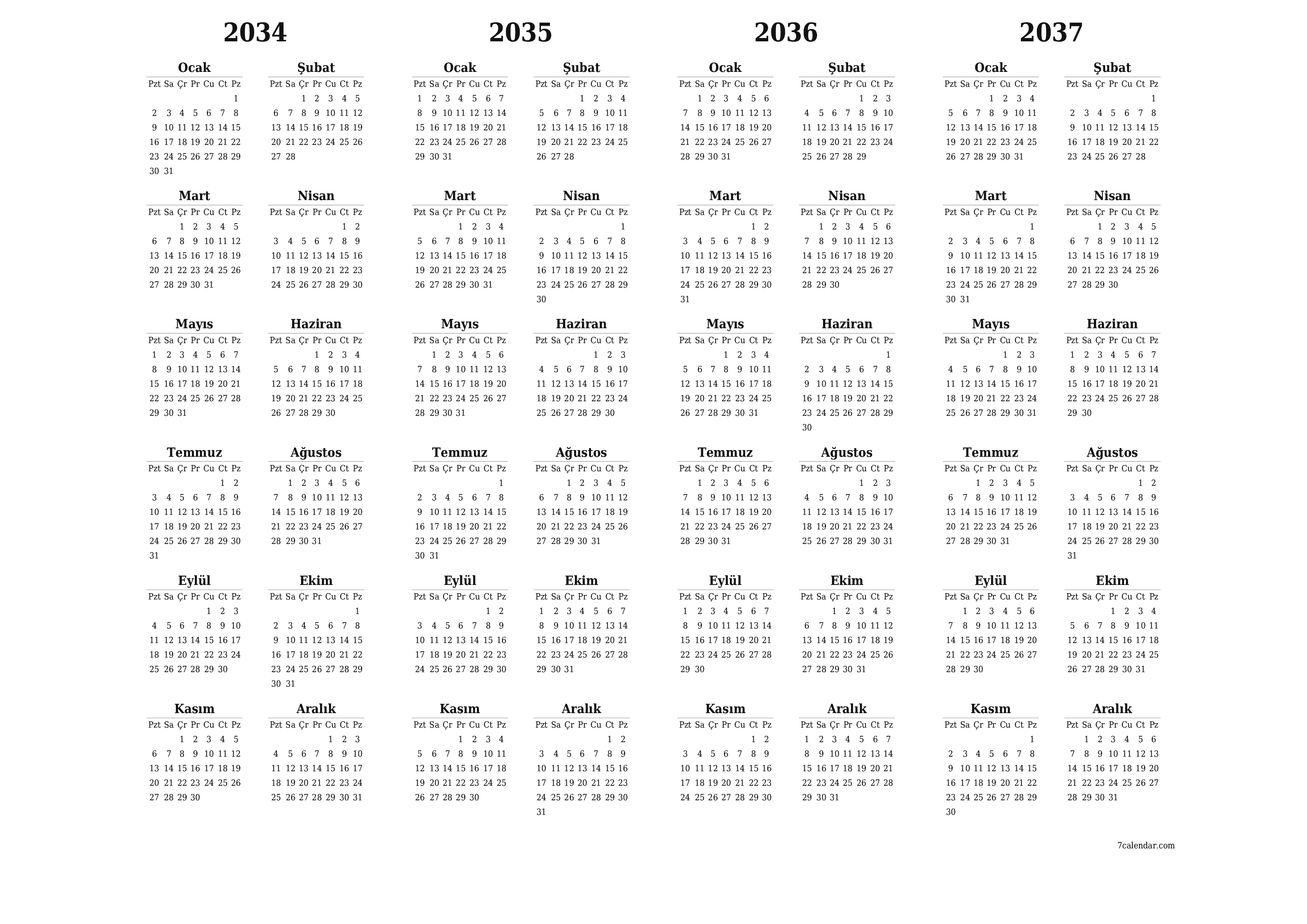 Notlarla 2034, 2035, 2036, 2037 yıl için yıllık planlayıcı takvimini boşaltın, kaydedin ve PDF olarak yazdırın PNG Turkish