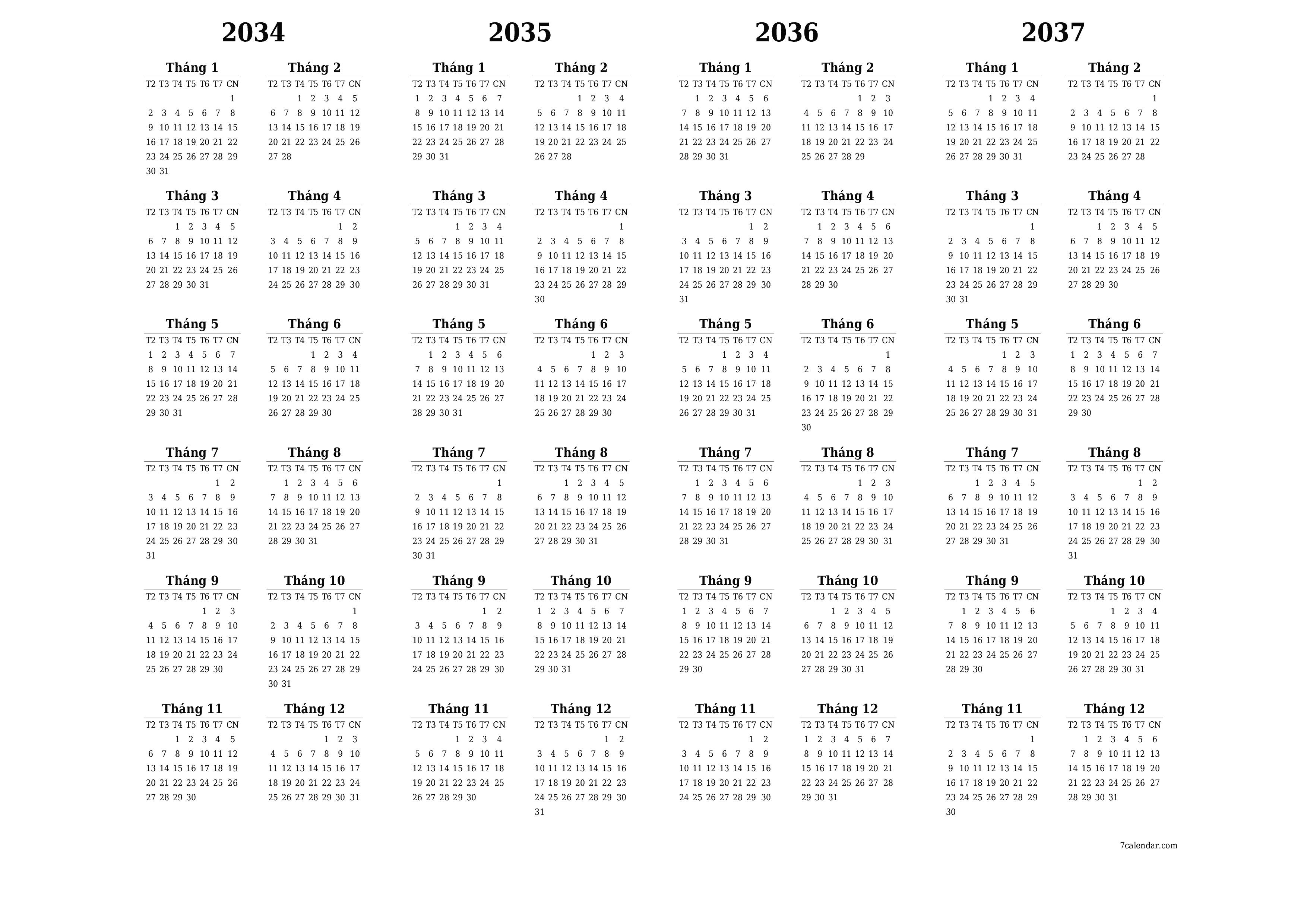 Lịch kế hoạch hàng năm trống cho năm 2034, 2035, 2036, 2037 có ghi chú, lưu và in sang PDF PNG Vietnamese