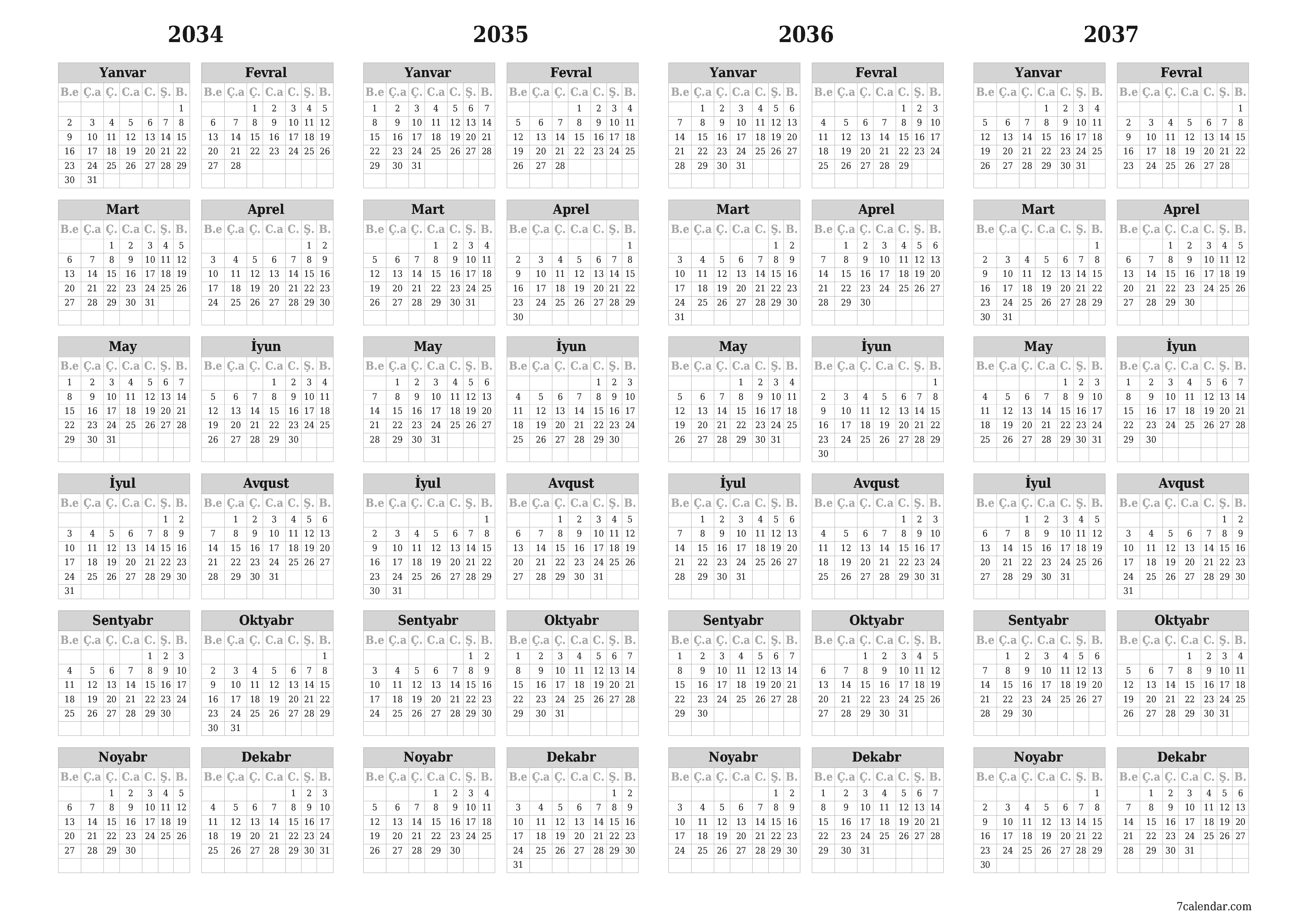 2034, 2035, 2036, 2037 ili üçün illik illik planlayıcı təqvim, qeydlər ilə boş saxlayın, qeyd edin və PDF-ə yazdırın PNG Azerbaijani