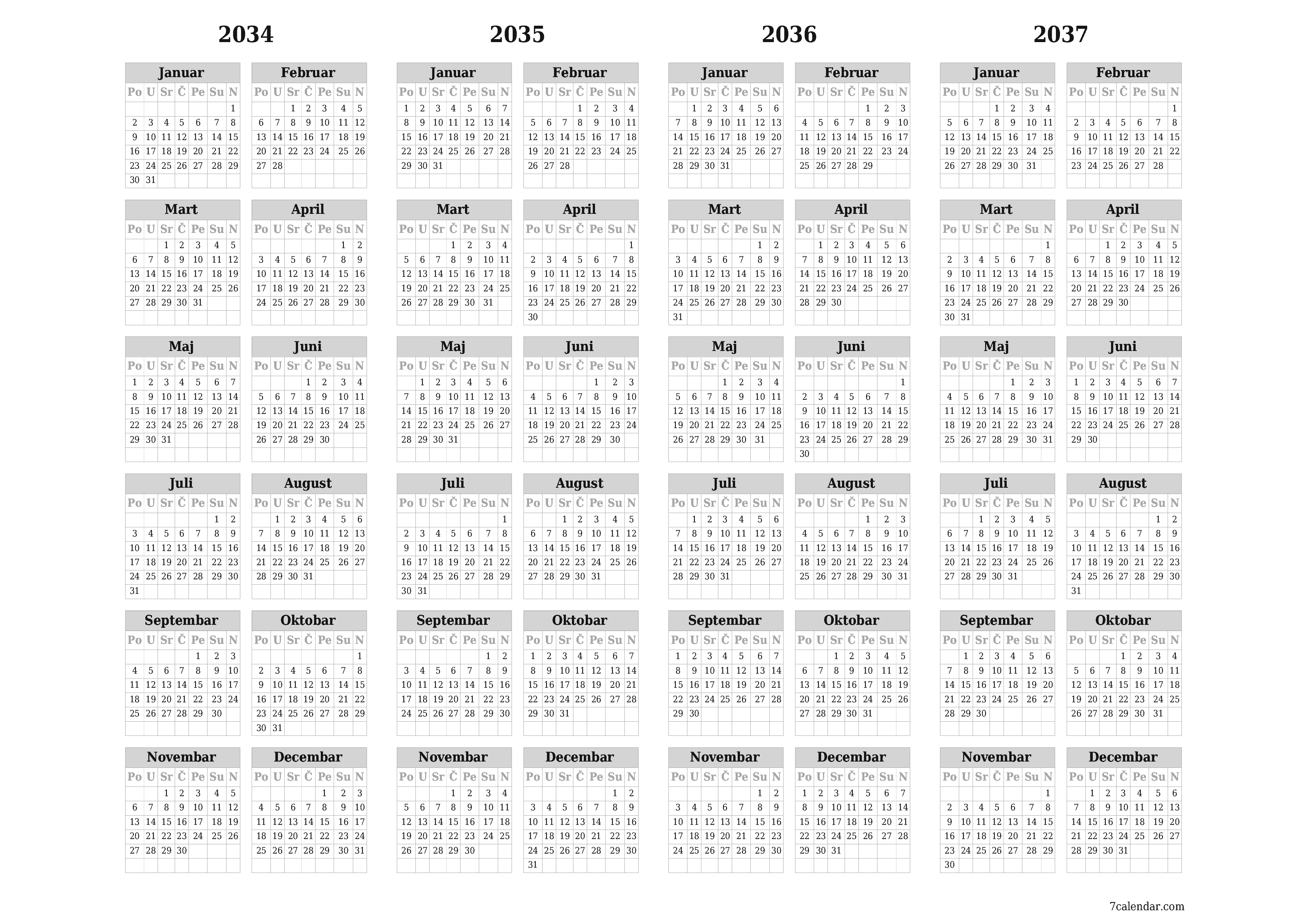 Ispraznite godišnji kalendar planera za godinu 2034, 2035, 2036, 2037 s bilješkama, spremite i ispišite u PDF PNG Bosnian