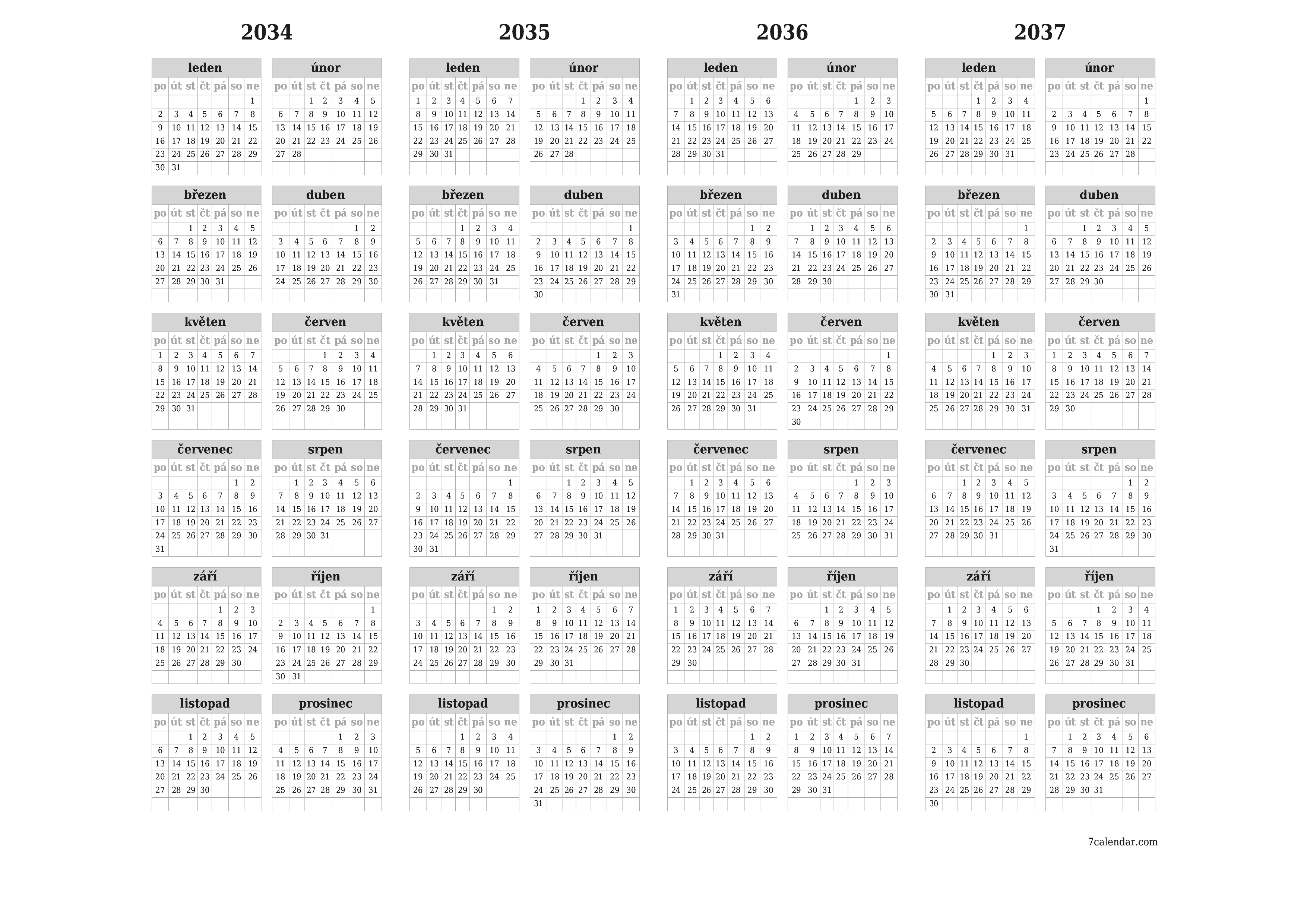 Prázdný roční kalendář plánovače pro rok 2034, 2035, 2036, 2037 s poznámkami, uložením a tiskem do PDF PNG Czech