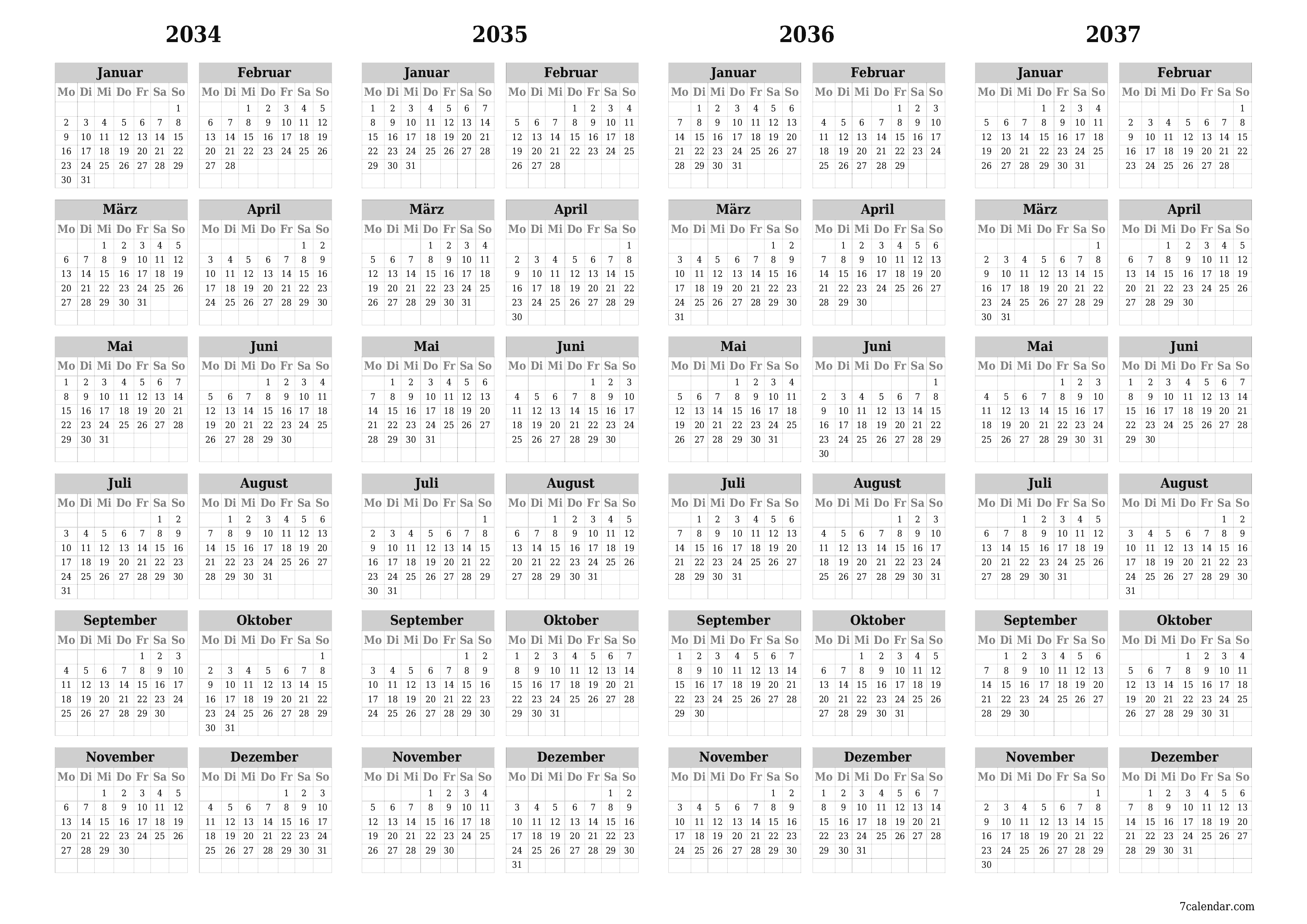 Jahresplanerkalender für das Jahr 2034, 2035, 2036, 2037 mit Notizen leeren, speichern und als PDF PNG German - 7calendar.com drucken