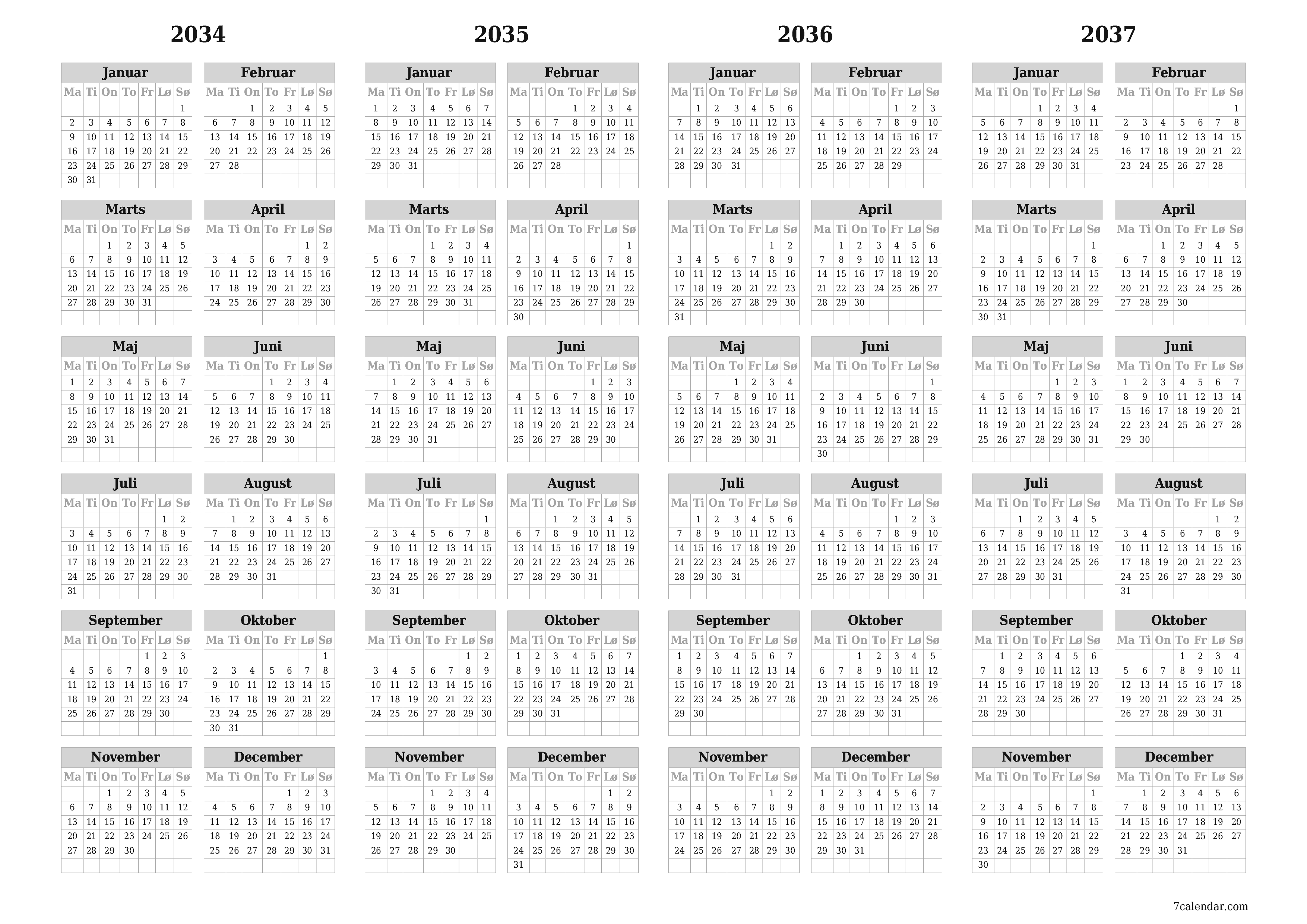 Tom årlig planlægningskalender for året 2034, 2035, 2036, 2037 med noter, gem og udskriv til PDF PNG Danish