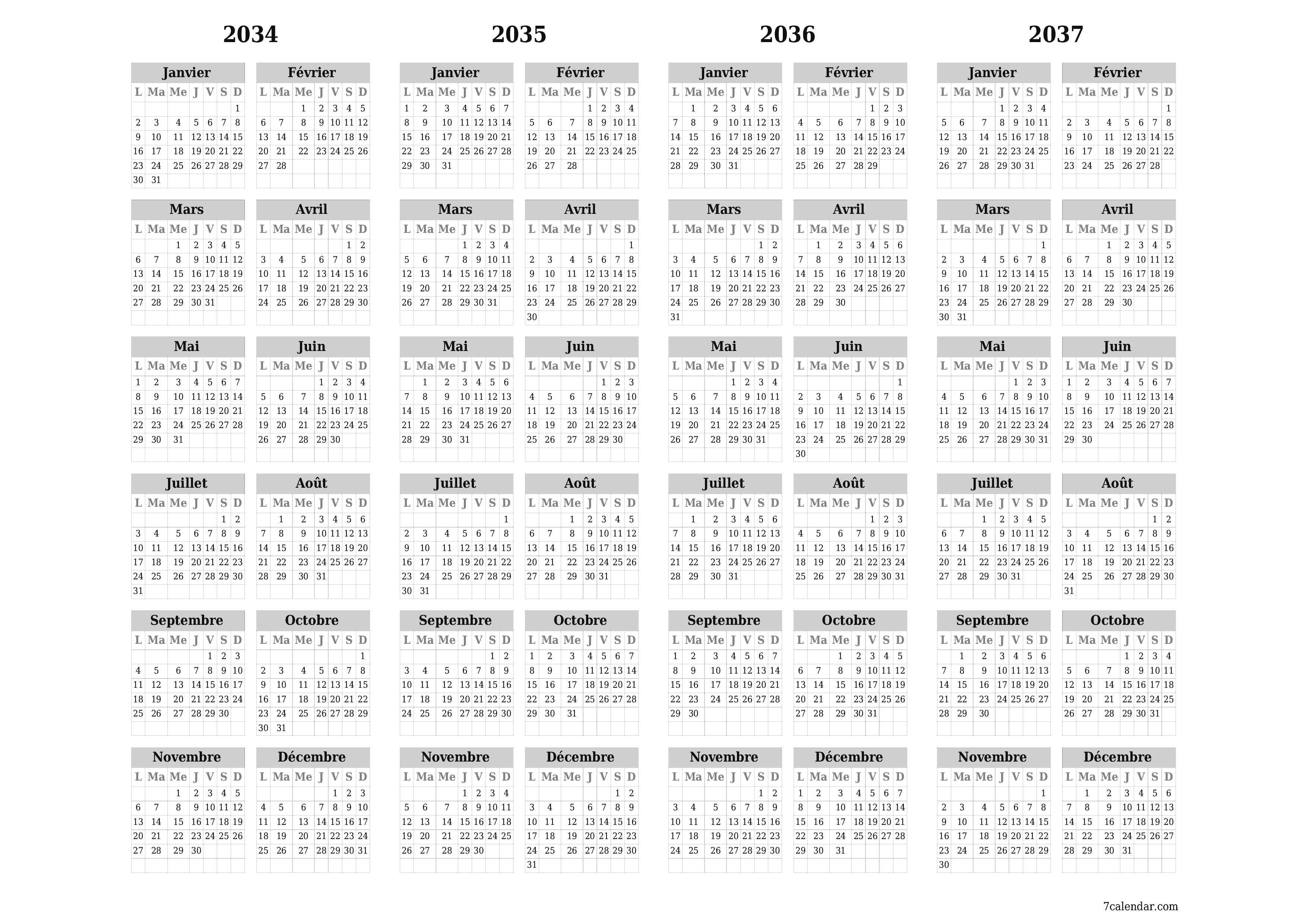 Calendrier annuel vide pour l'année 2034, 2035, 2036, 2037 avec notes, enregistrer et imprimer au format PDF PNG French