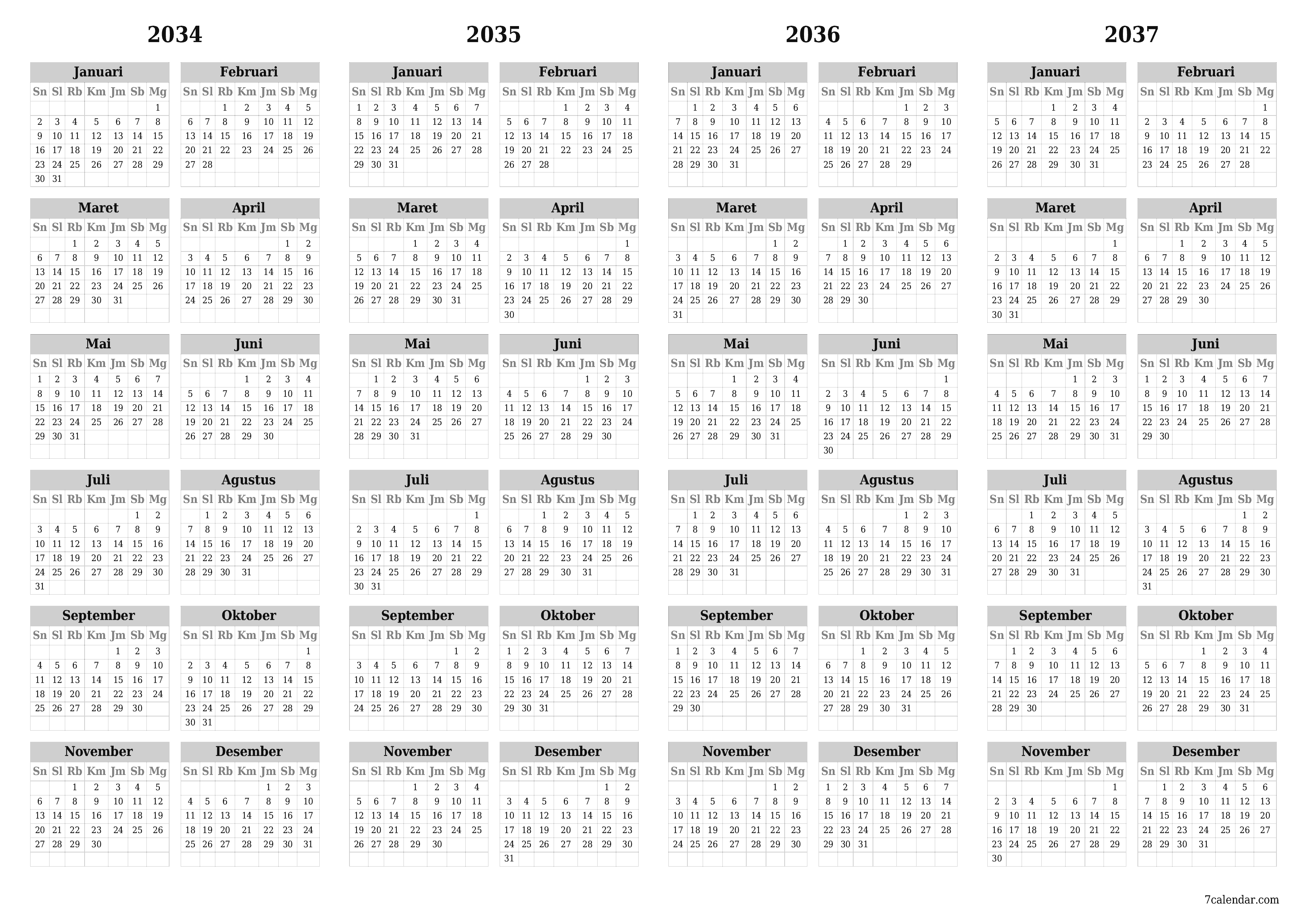 Kosongkan kalender perencana tahunan untuk tahun ini 2034, 2035, 2036, 2037 dengan catatan, simpan dan cetak ke PDF PNG Indonesian