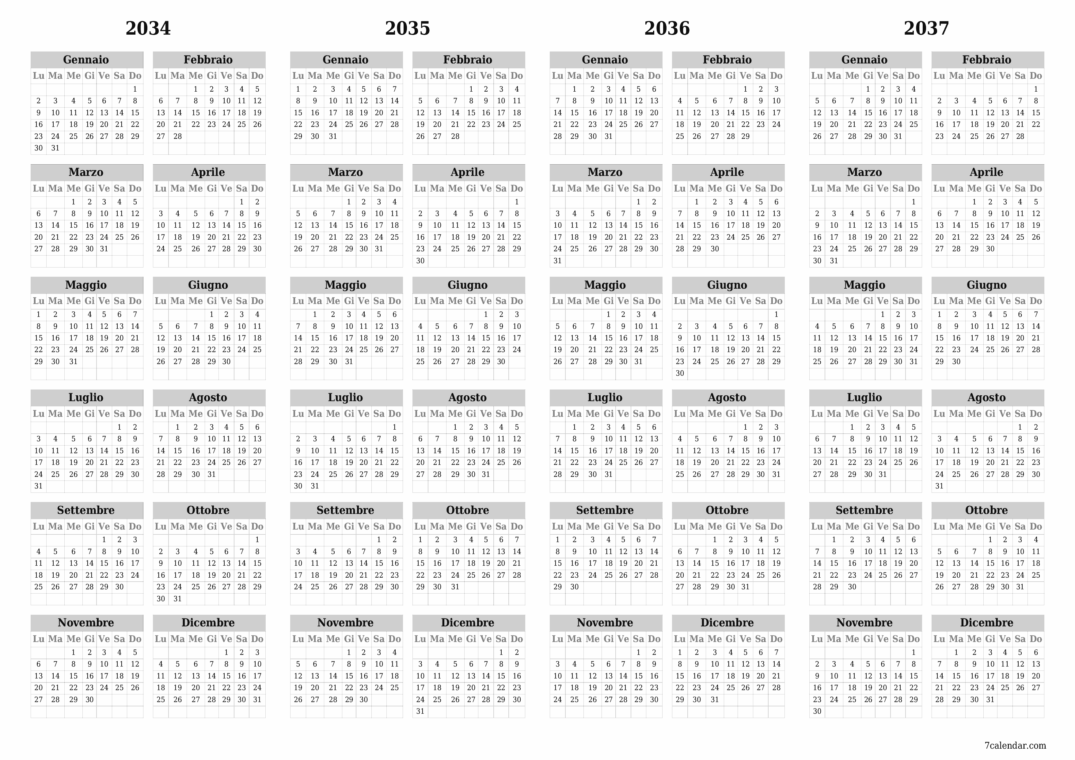 Calendario pianificatore annuale vuoto per l'anno 2034, 2035, 2036, 2037 con note, salva e stampa in PDF PNG Italian