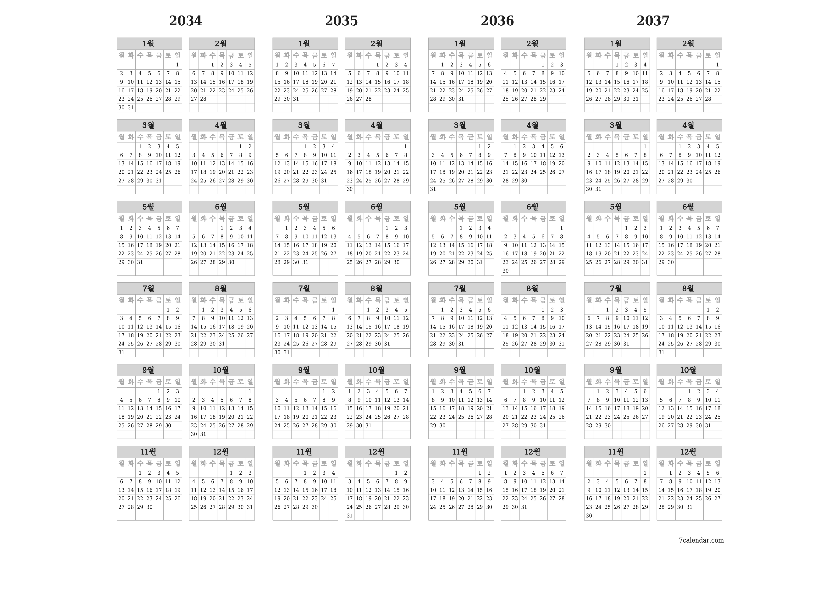 메모가있는 2034, 2035, 2036, 2037 년의 연간 플래너 캘린더 비우기, 저장하고 PDF PNG Korean-7calendar.com으로 인쇄