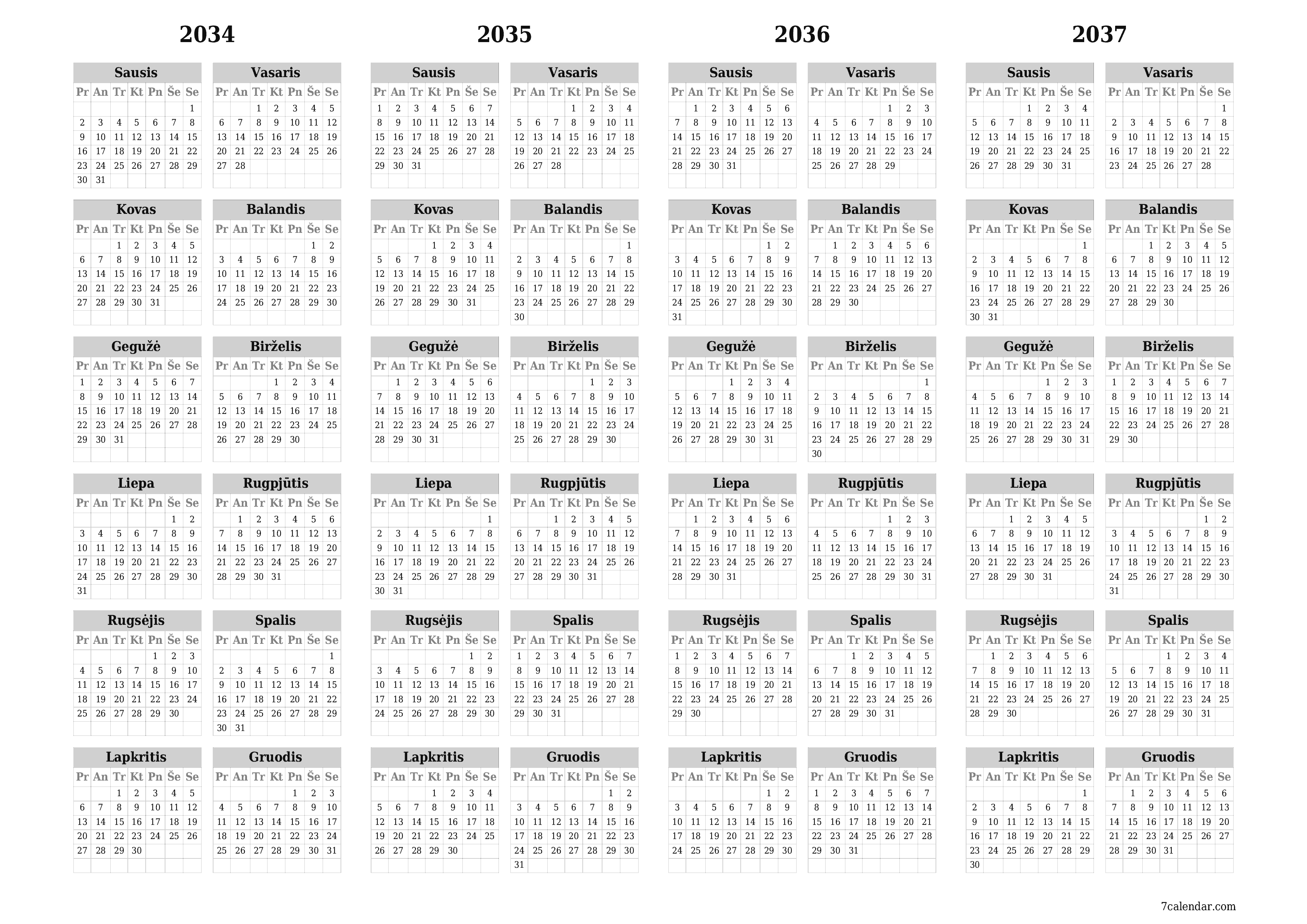 Tuščias metų planavimo kalendorius 2034, 2035, 2036, 2037 su užrašais, išsaugokite ir atsispausdinkite PDF formatu PNG Lithuanian