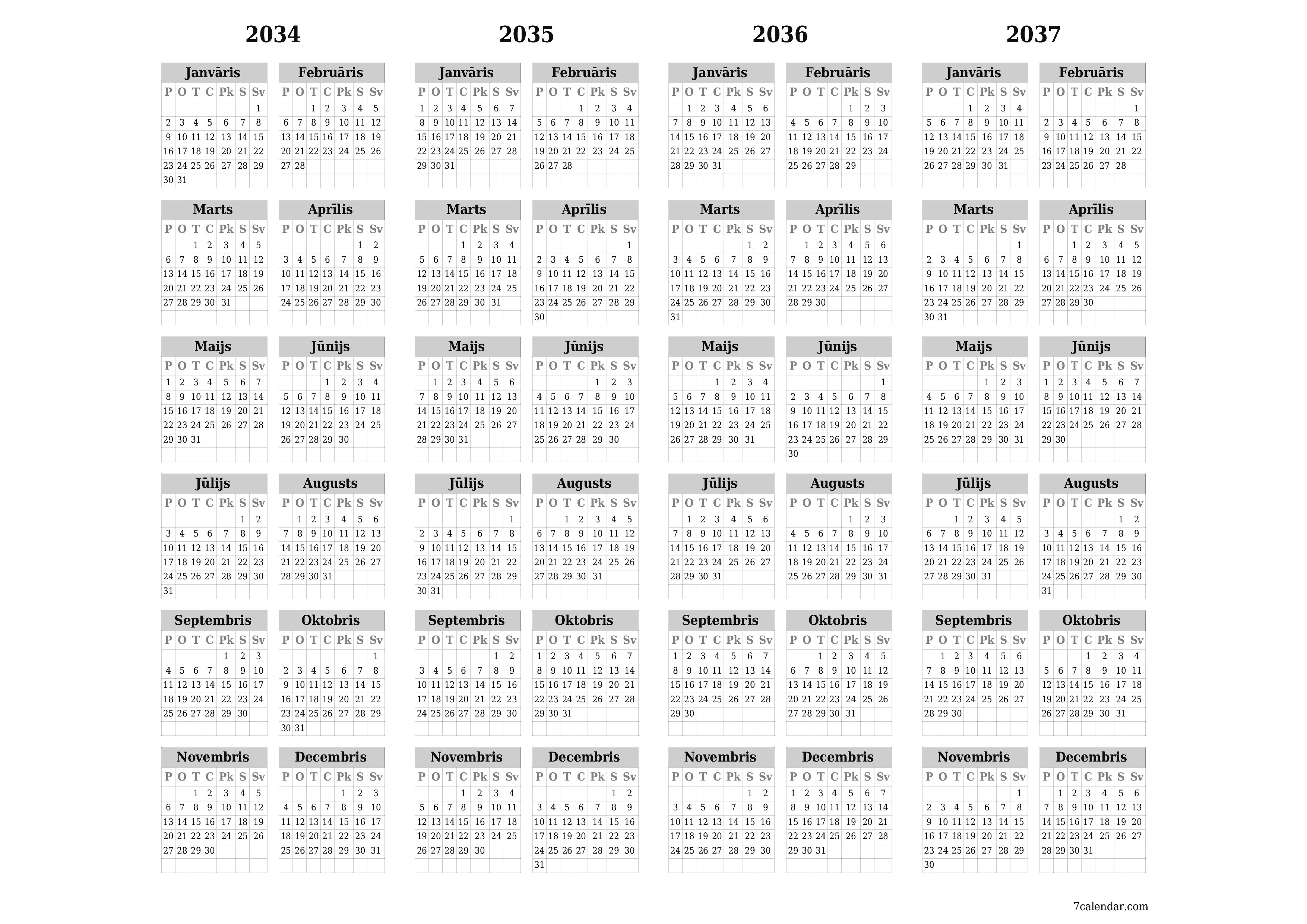 Tukšs gada plānotāja kalendārs gadam 2034, 2035, 2036, 2037 ar piezīmēm, saglabāšana un izdrukāšana PDF formātā PNG Latvian