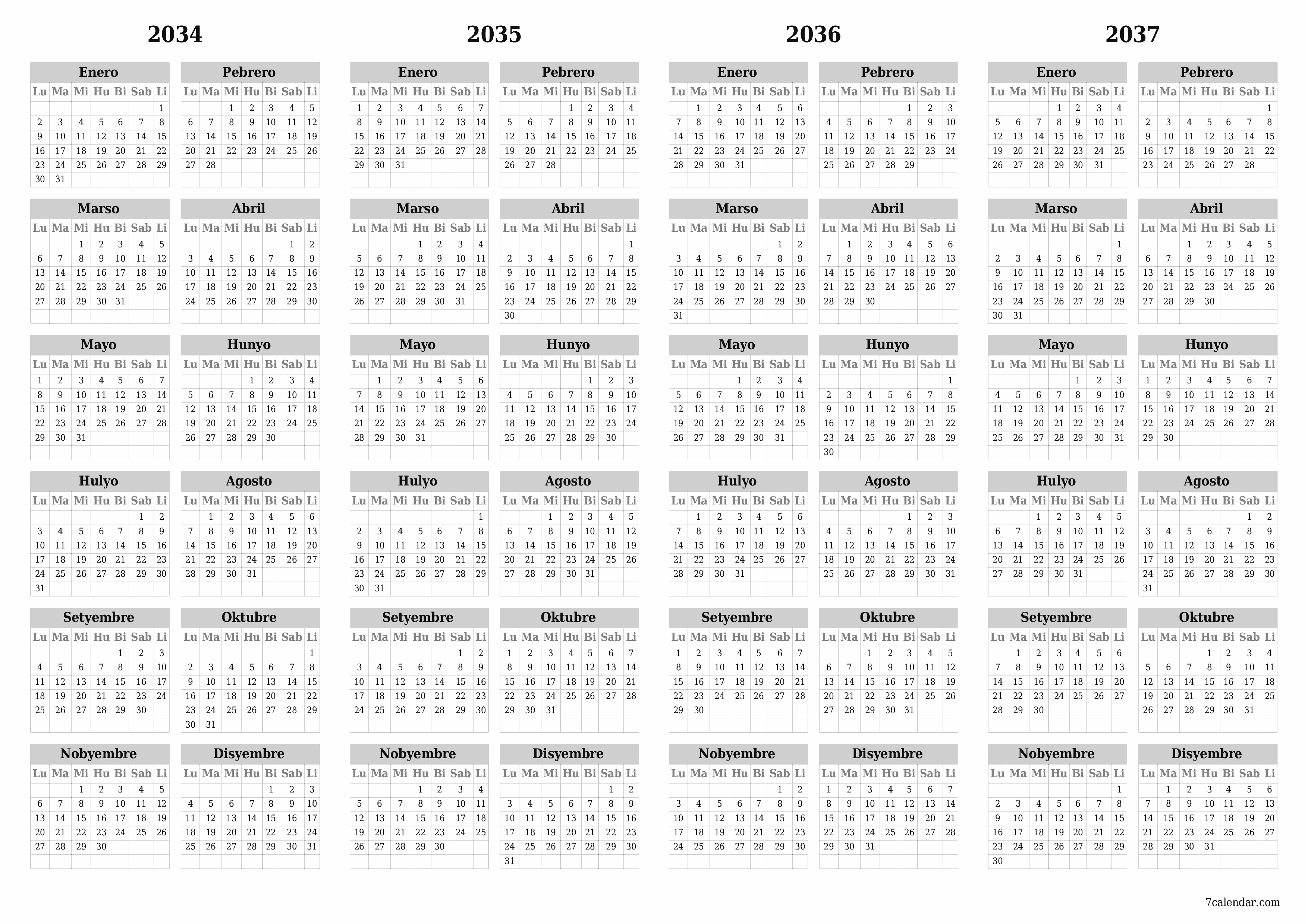 Walang laman ang taunang kalendaryo ng tagaplano para sa taong 2034, 2035, 2036, 2037 na may mga tala, i-save at i-print sa PDF PNG Filipino