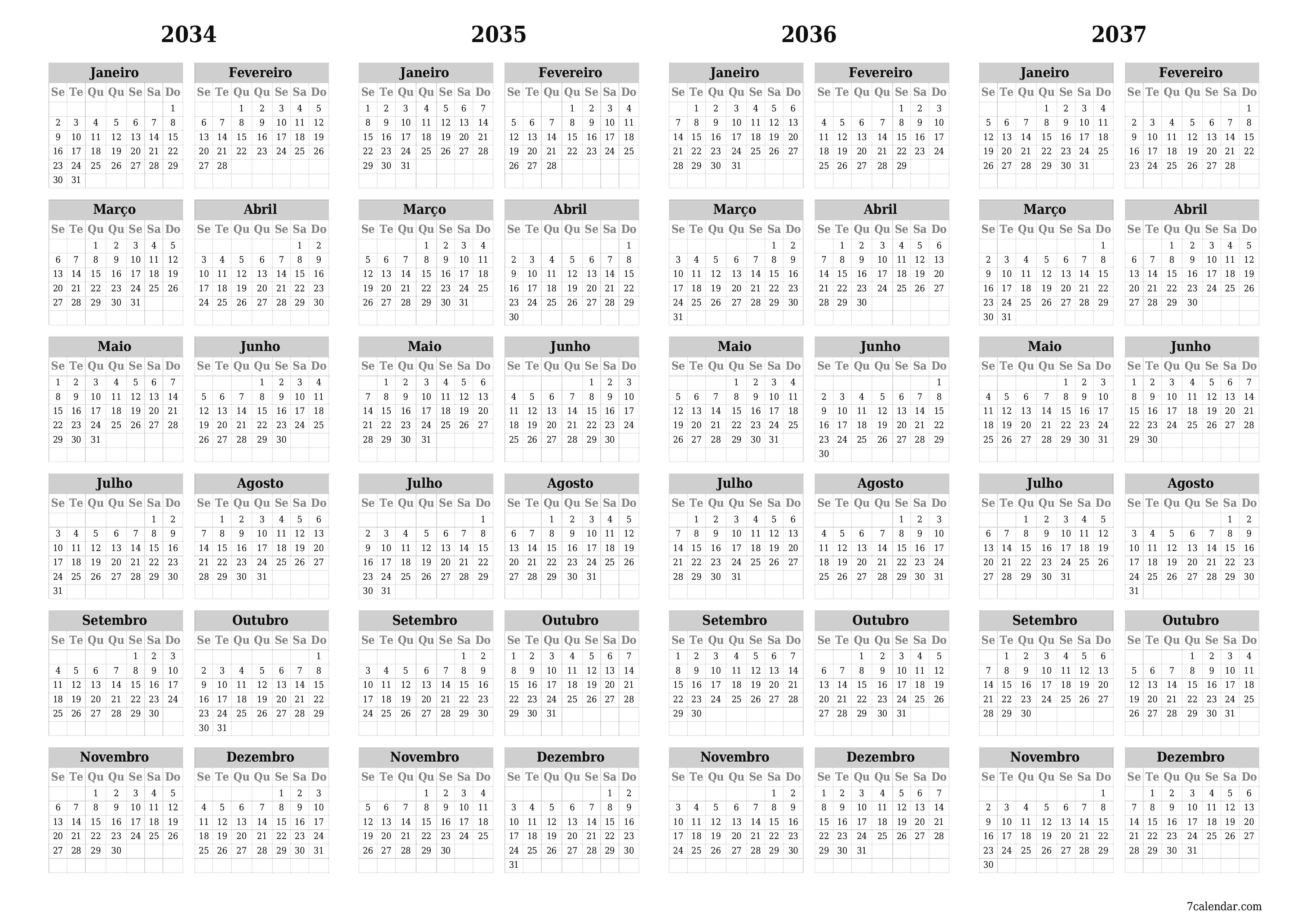 Calendário de planejador anual vazio para o ano 2034, 2035, 2036, 2037 com notas, salve e imprima em PDF PNG Portuguese