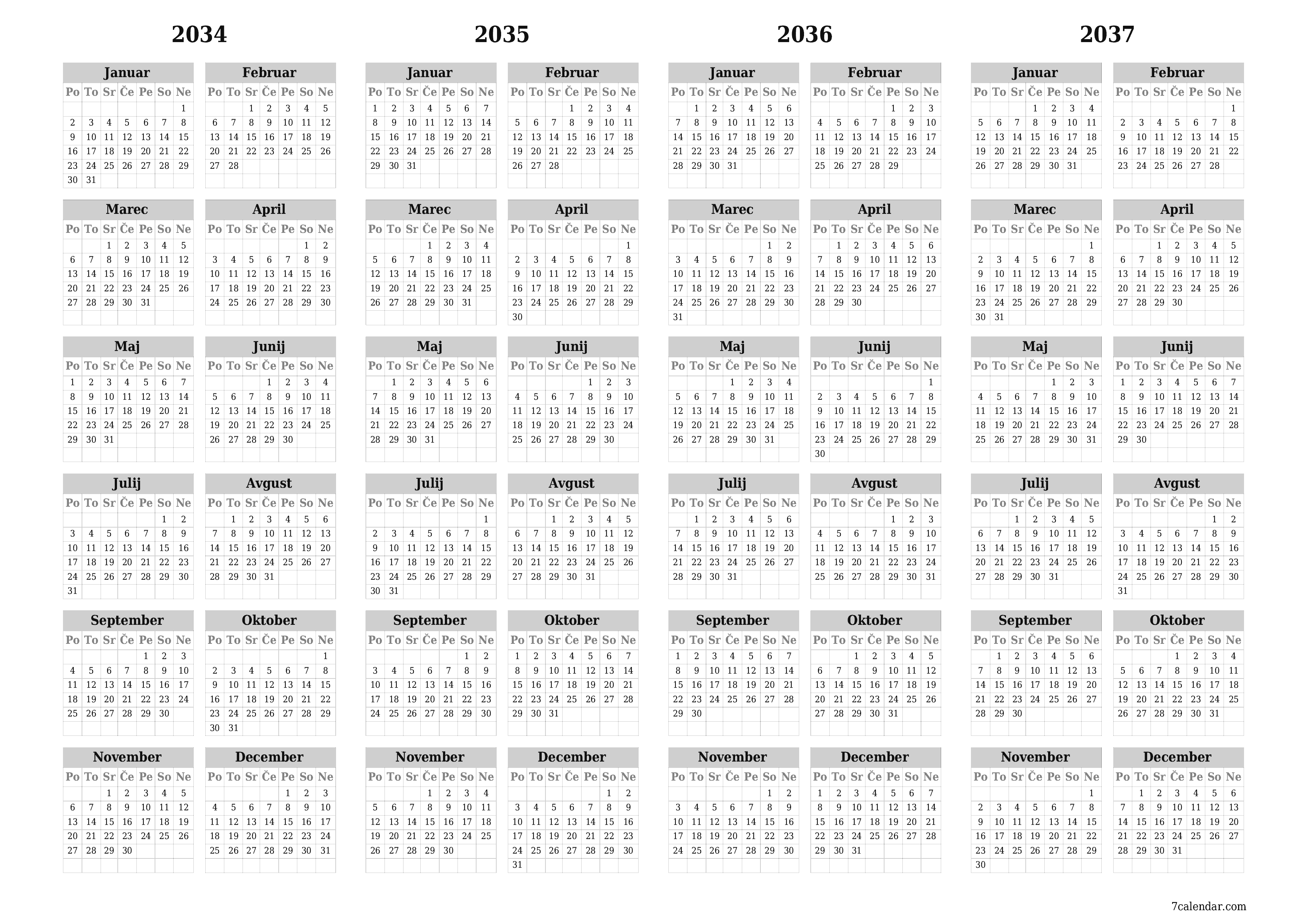 Prazen letni načrtovalec koledarja za leto 2034, 2035, 2036, 2037 z opombami za tiskanje v PDF-ju PNG Slovenian