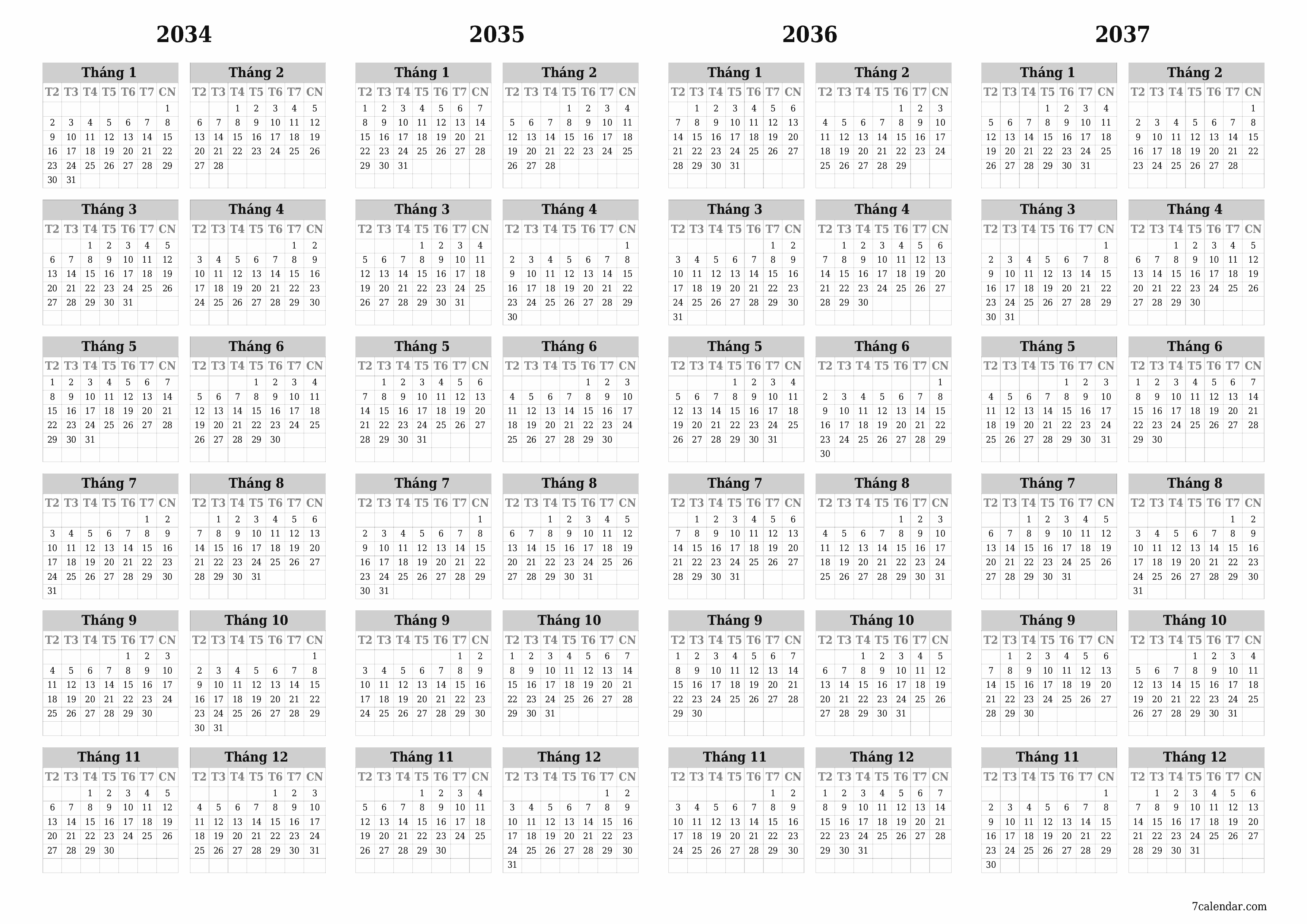 Lịch kế hoạch hàng năm trống cho năm 2034, 2035, 2036, 2037 có ghi chú, lưu và in sang PDF PNG Vietnamese