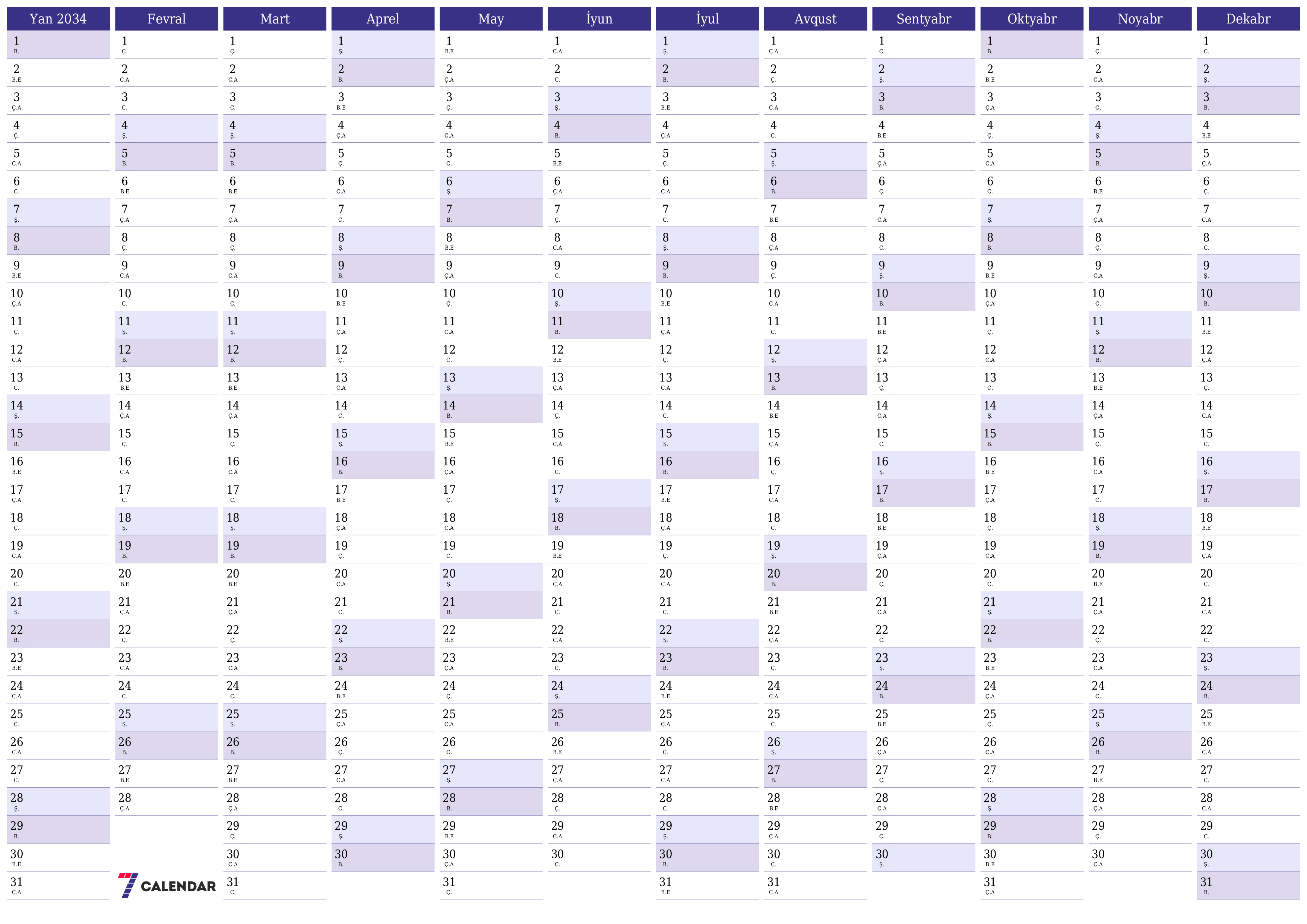 2034 ili üçün illik illik planlayıcı təqvim, qeydlər ilə boş saxlayın, qeyd edin və PDF-ə yazdırın PNG Azerbaijani