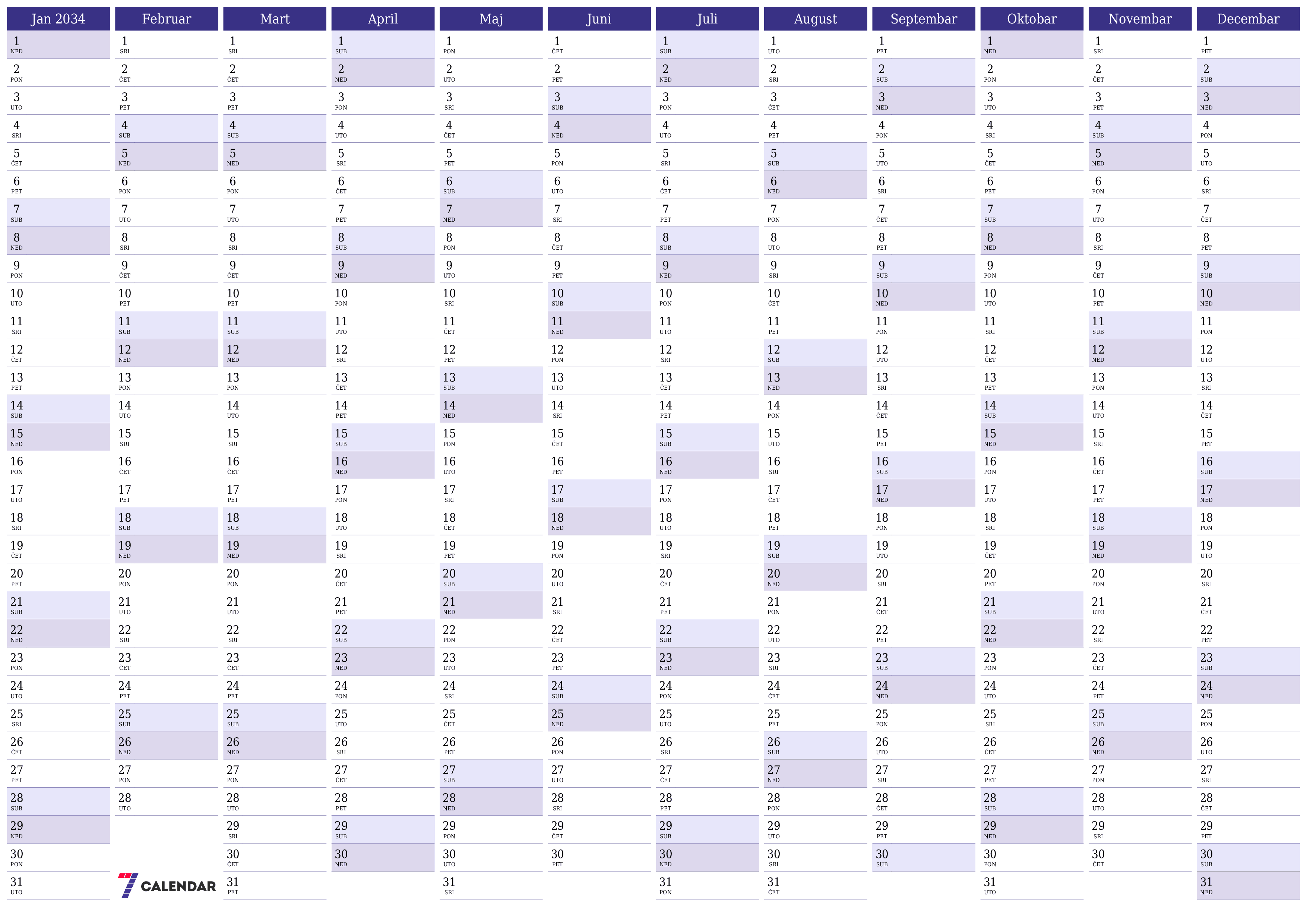 Ispraznite godišnji kalendar planera za godinu 2034 s bilješkama, spremite i ispišite u PDF PNG Bosnian