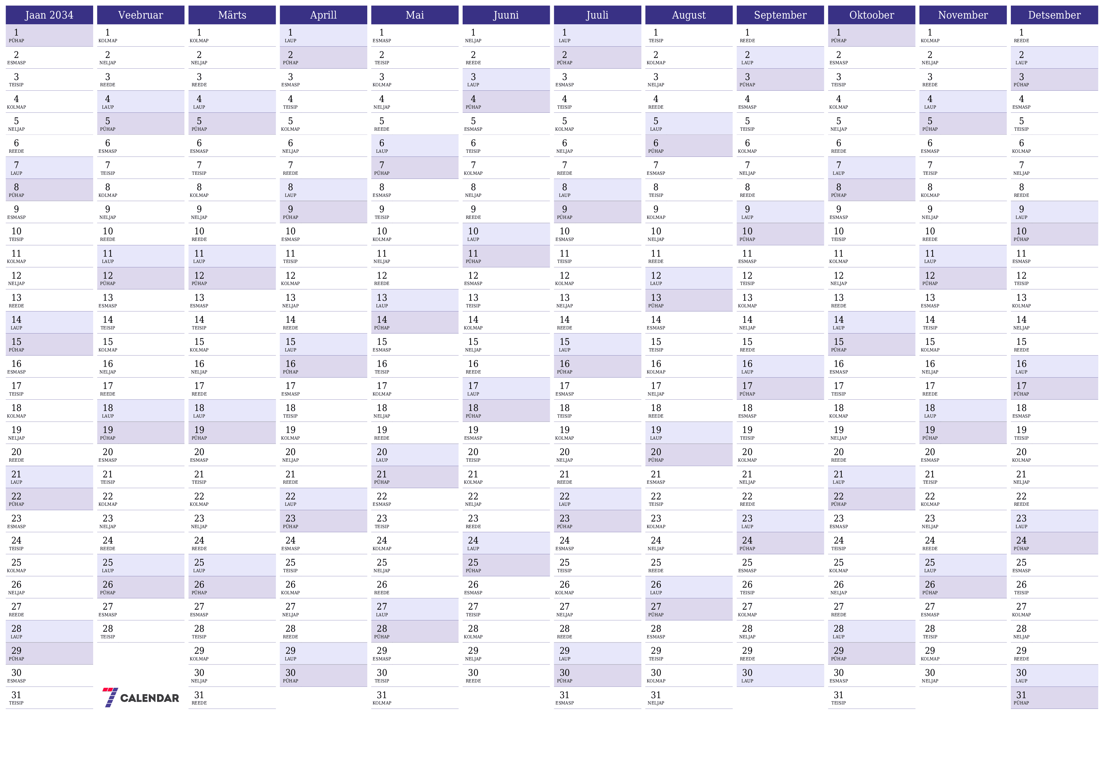 Tühi aasta planeerija kalender aastaks 2034 koos märkmetega, salvestage ja printige PDF-i PNG Estonian