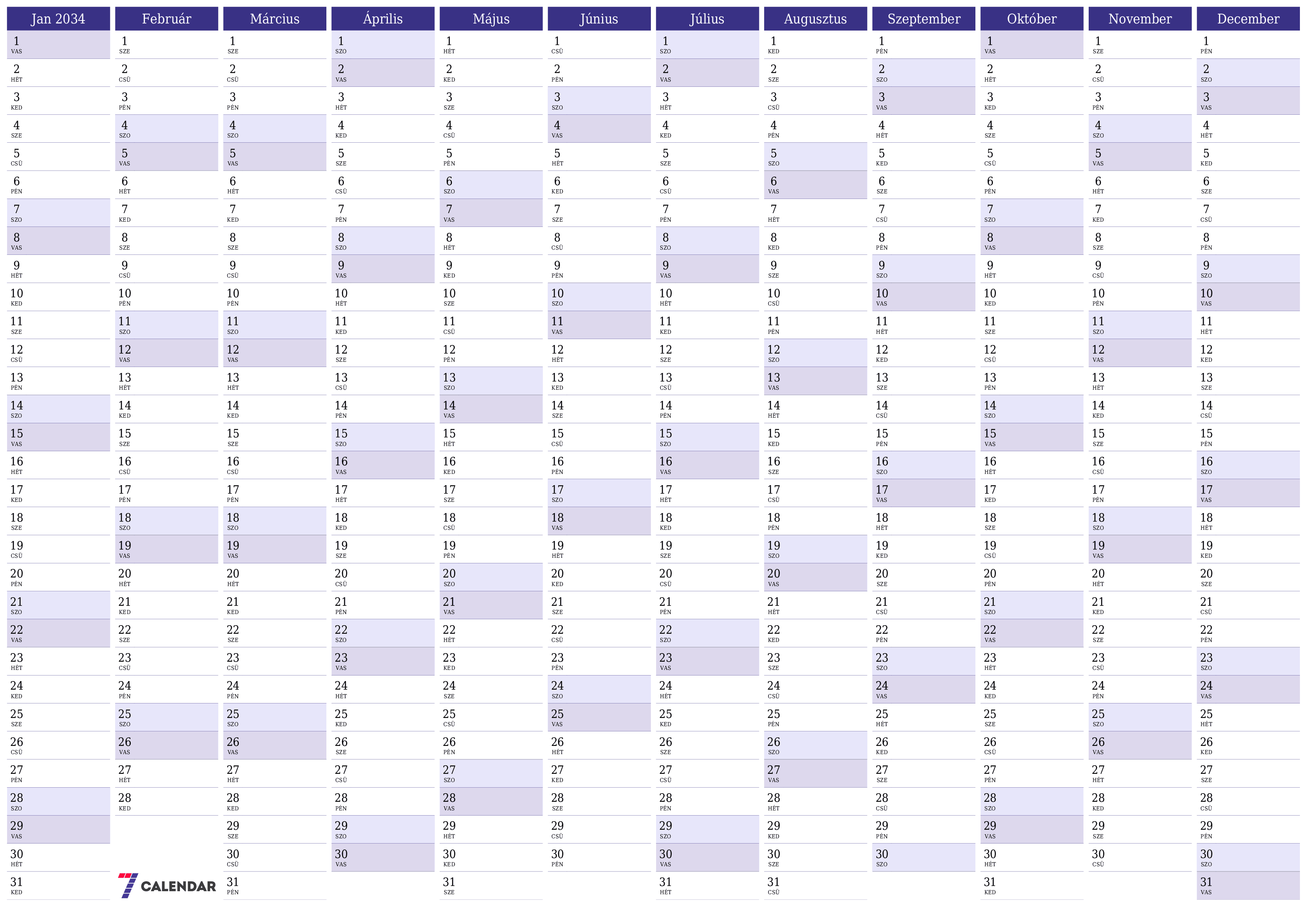 Üres éves tervezői naptár az évre 2034 jegyzetekkel, mentés és nyomtatás PDF-be PNG Hungarian