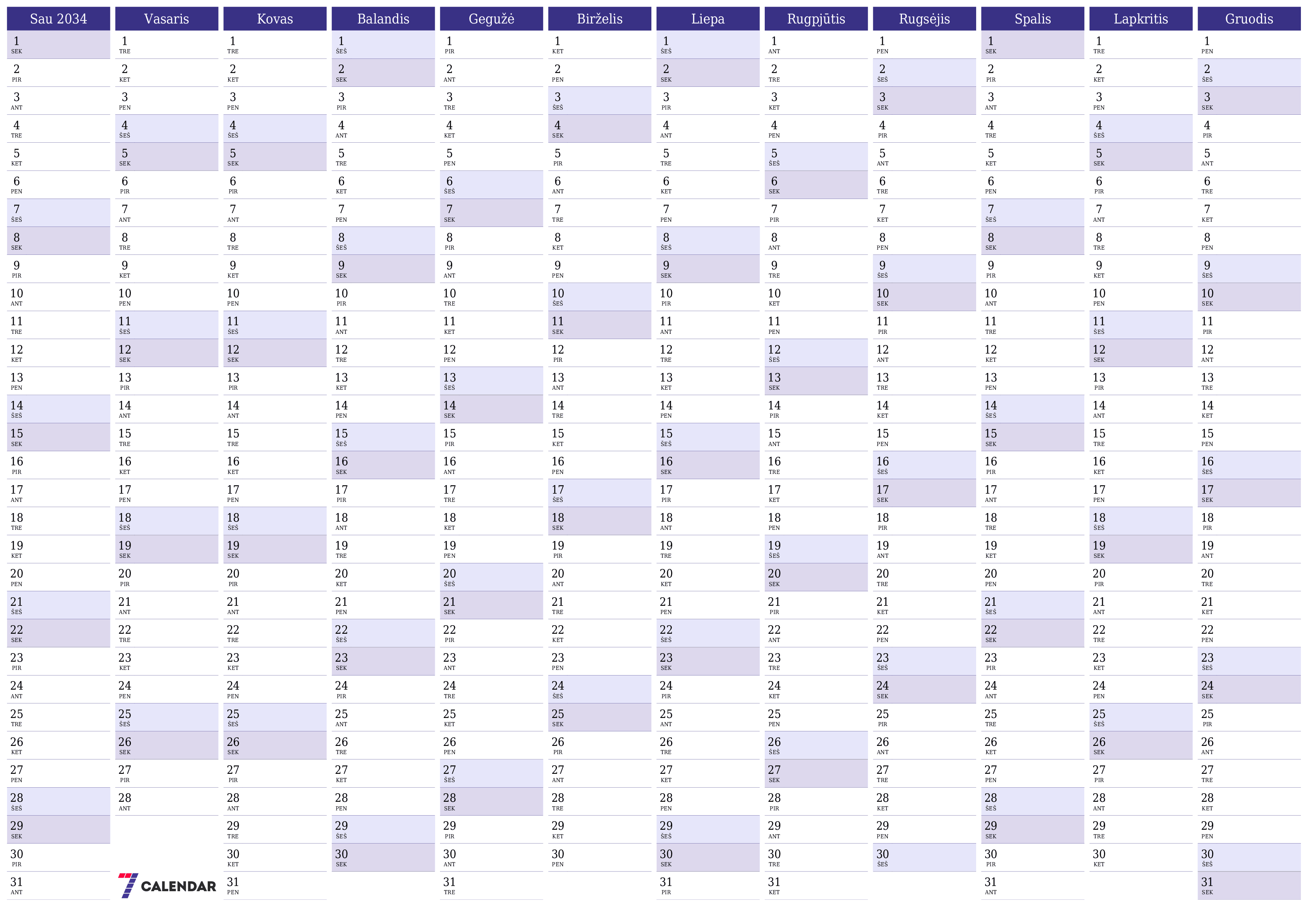 Tuščias metų planavimo kalendorius 2034 su užrašais, išsaugokite ir atsispausdinkite PDF formatu PNG Lithuanian