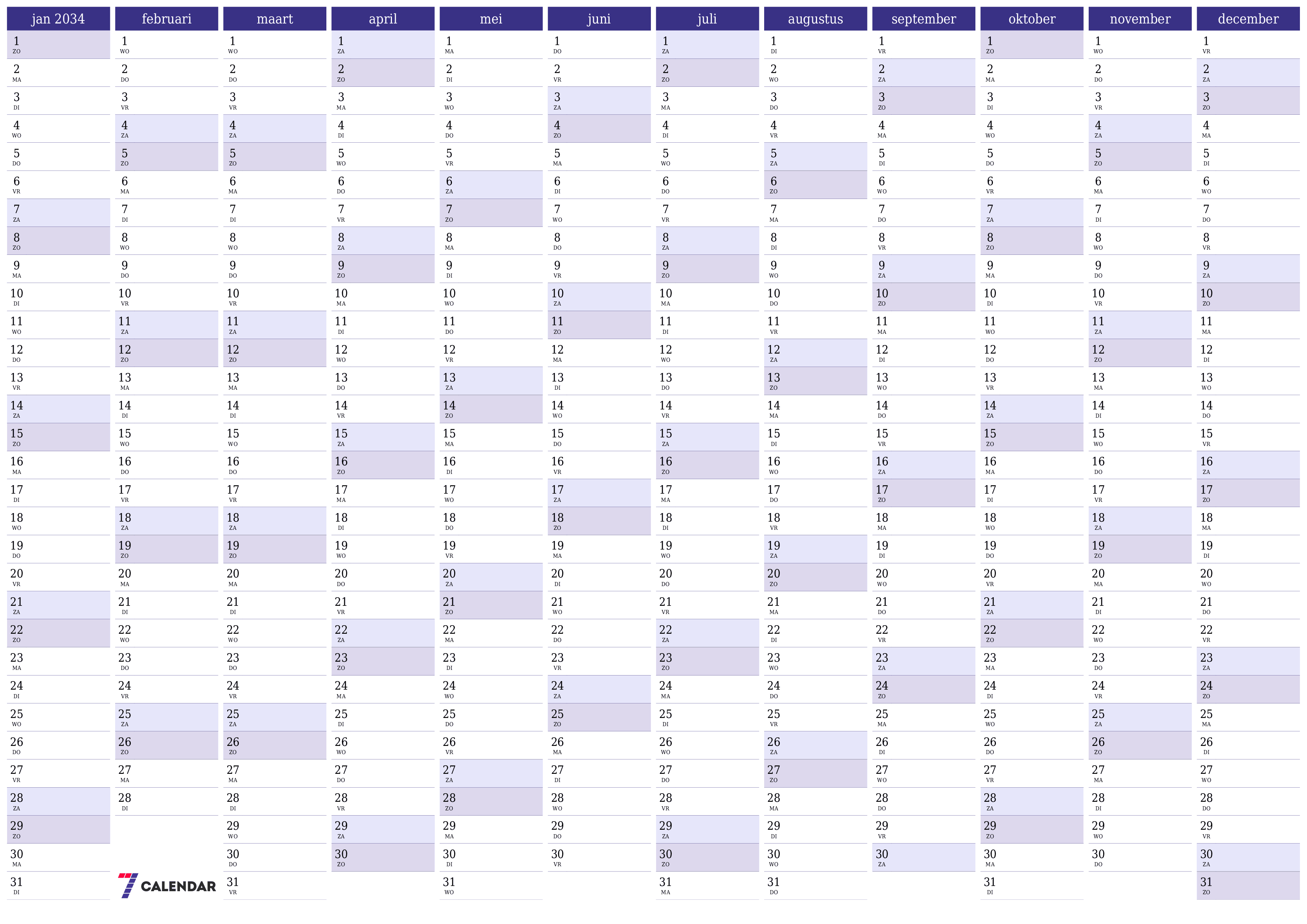 Lege jaarplanningskalender voor het jaar 2034 met notities, opslaan en afdrukken naar pdf PNG Dutch