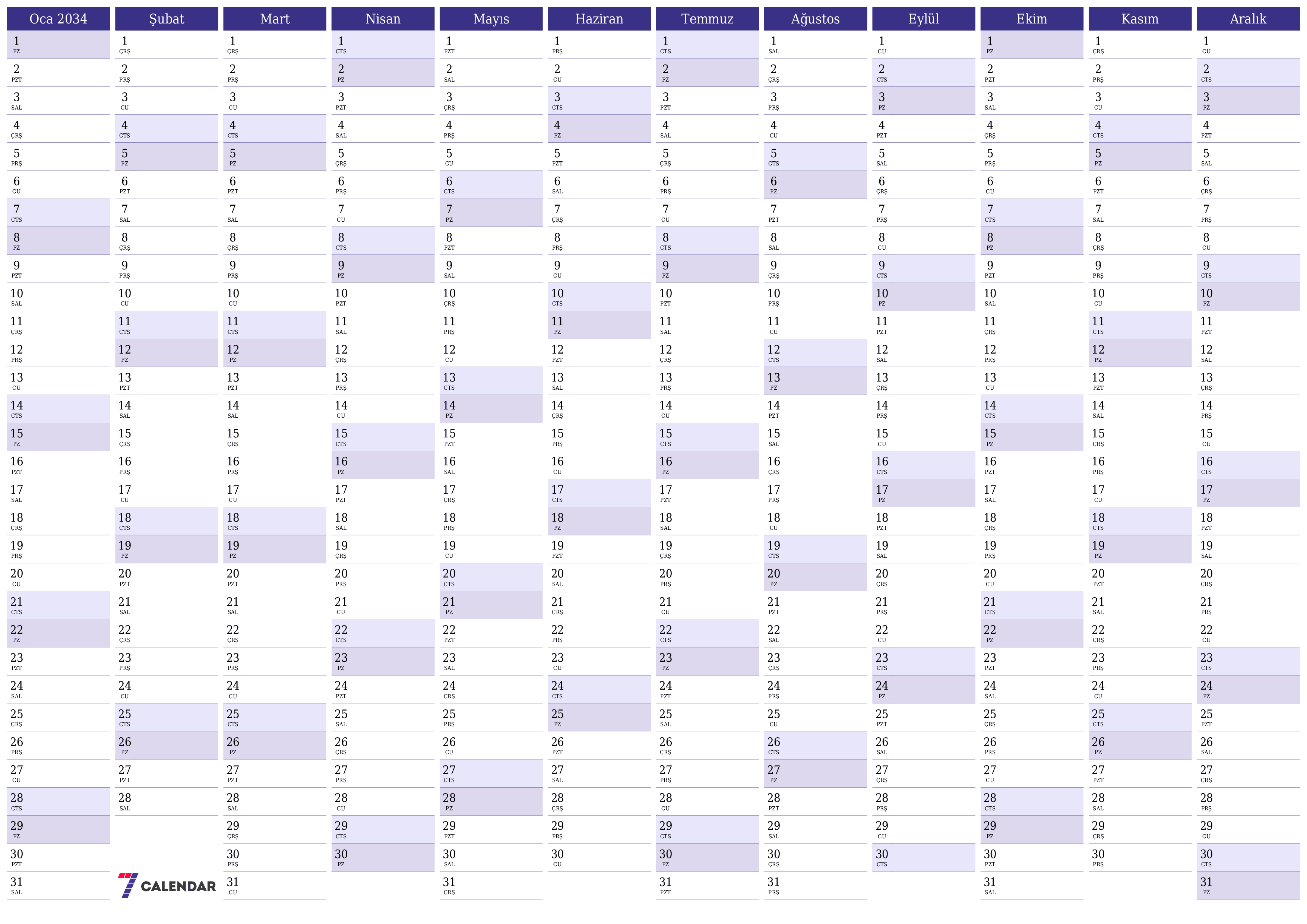 Notlarla 2034 yıl için yıllık planlayıcı takvimini boşaltın, kaydedin ve PDF olarak yazdırın PNG Turkish