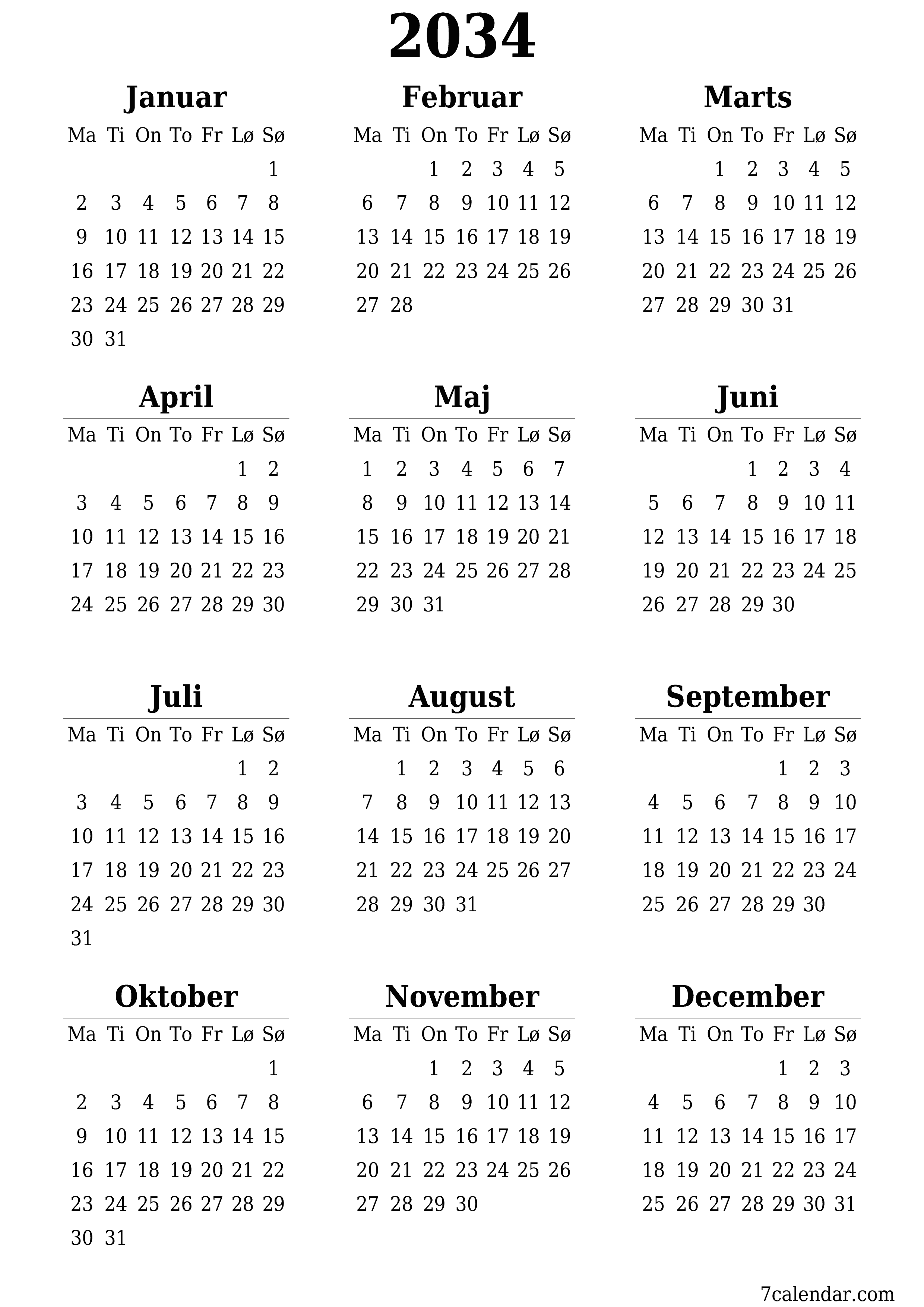 Tom årlig planlægningskalender for året 2034 med noter, gem og udskriv til PDF PNG Danish