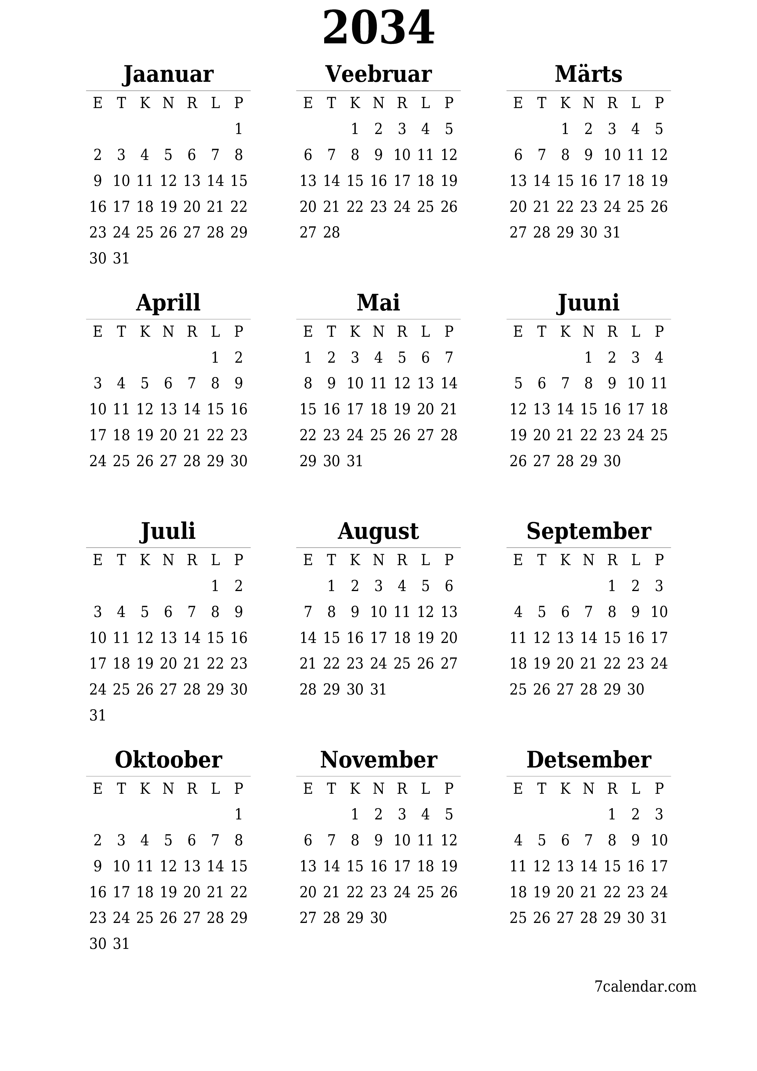 Tühi aasta planeerija kalender aastaks 2034 koos märkmetega, salvestage ja printige PDF-i PNG Estonian