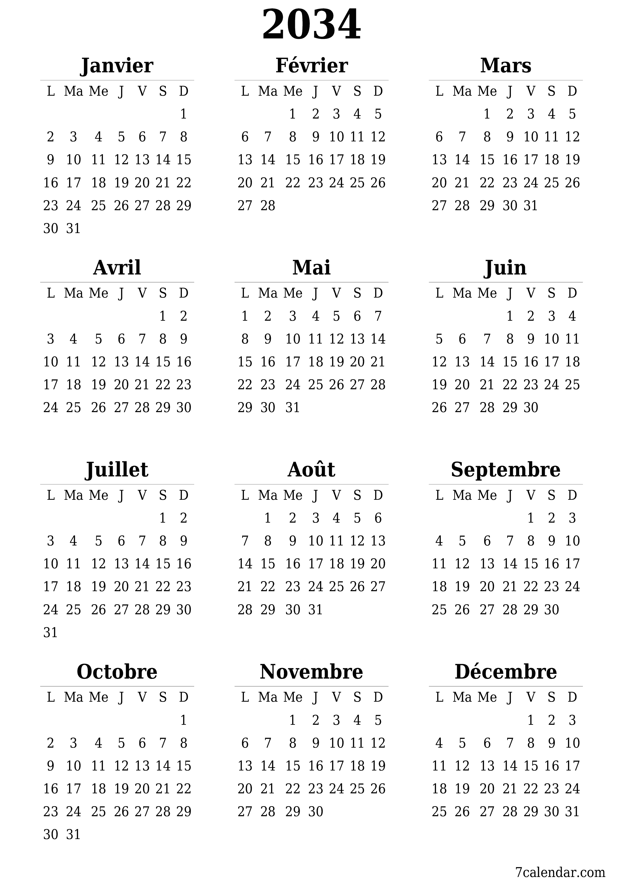  imprimable mural modèle de gratuitverticale Annuel calendrier Juin (Jui) 2034
