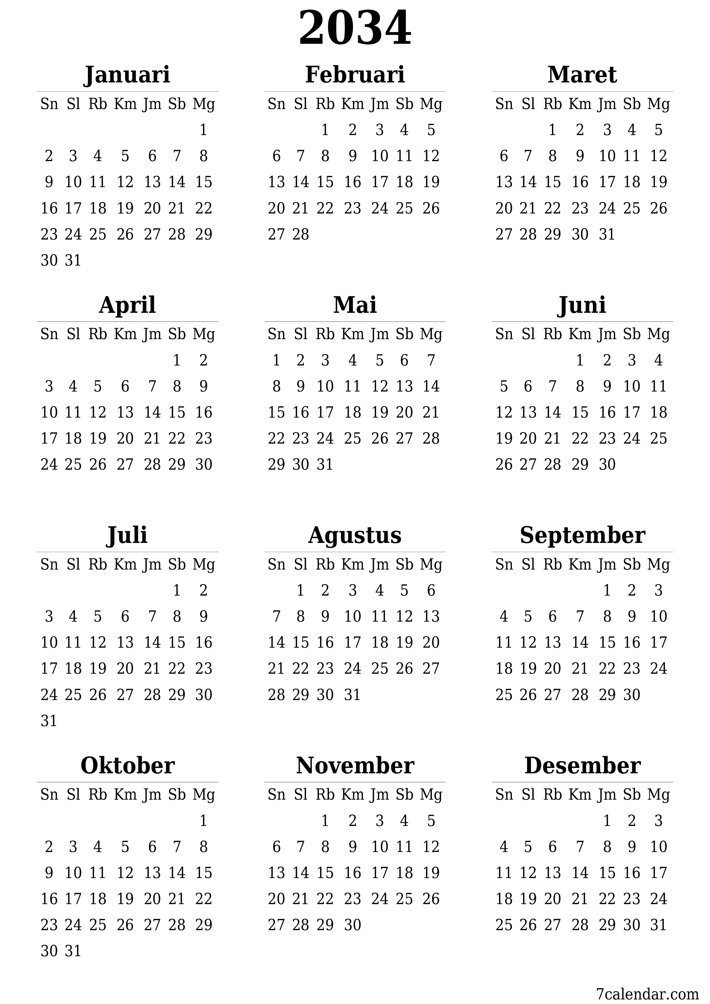 Kosongkan kalender perencana tahunan untuk tahun ini 2034 dengan catatan, simpan dan cetak ke PDF PNG Indonesian