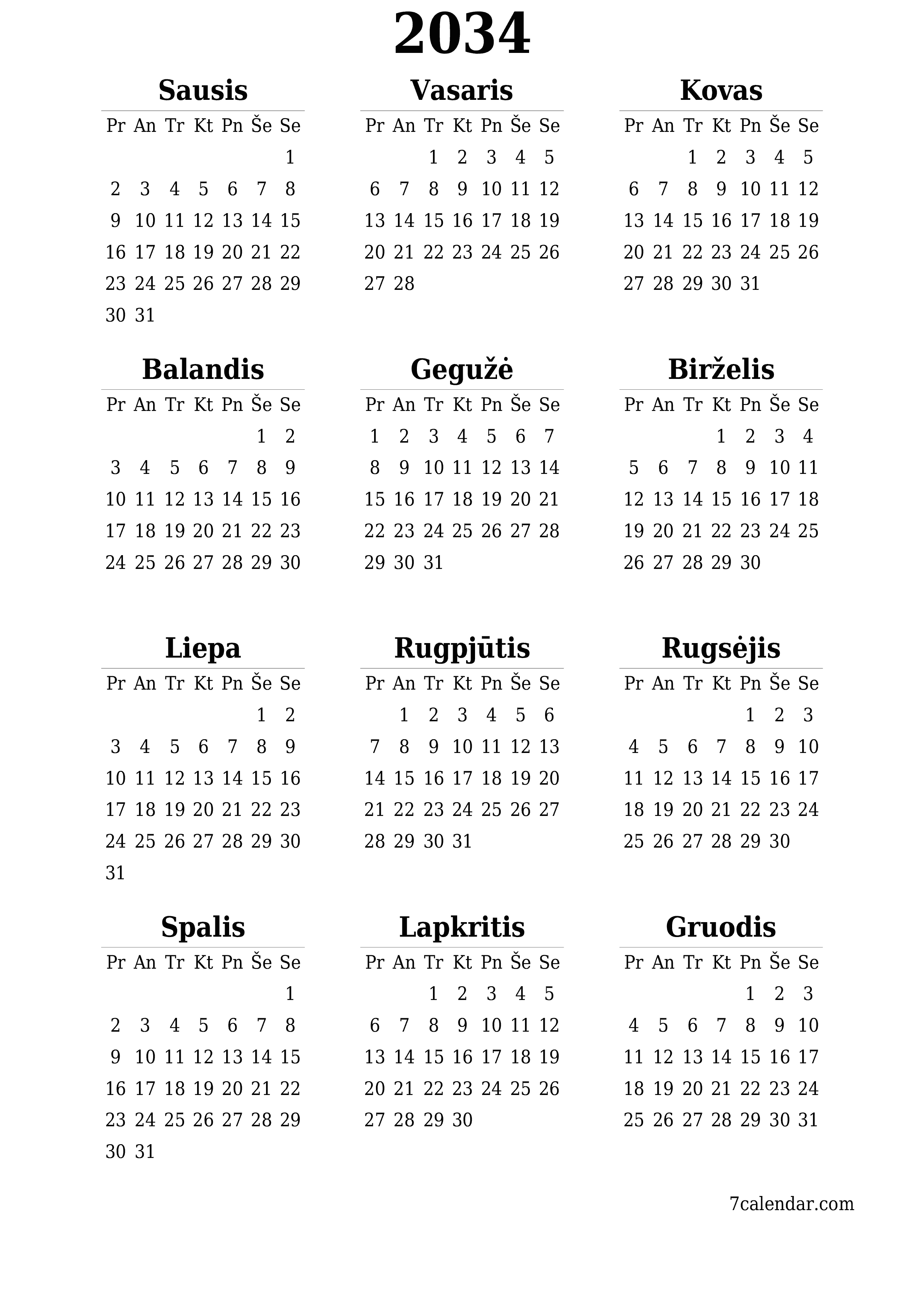 spausdinamas sieninis kalendoriaus šabloną nemokamas vertikaliai Kasmet kalendorius Birželis (Bir) 2034