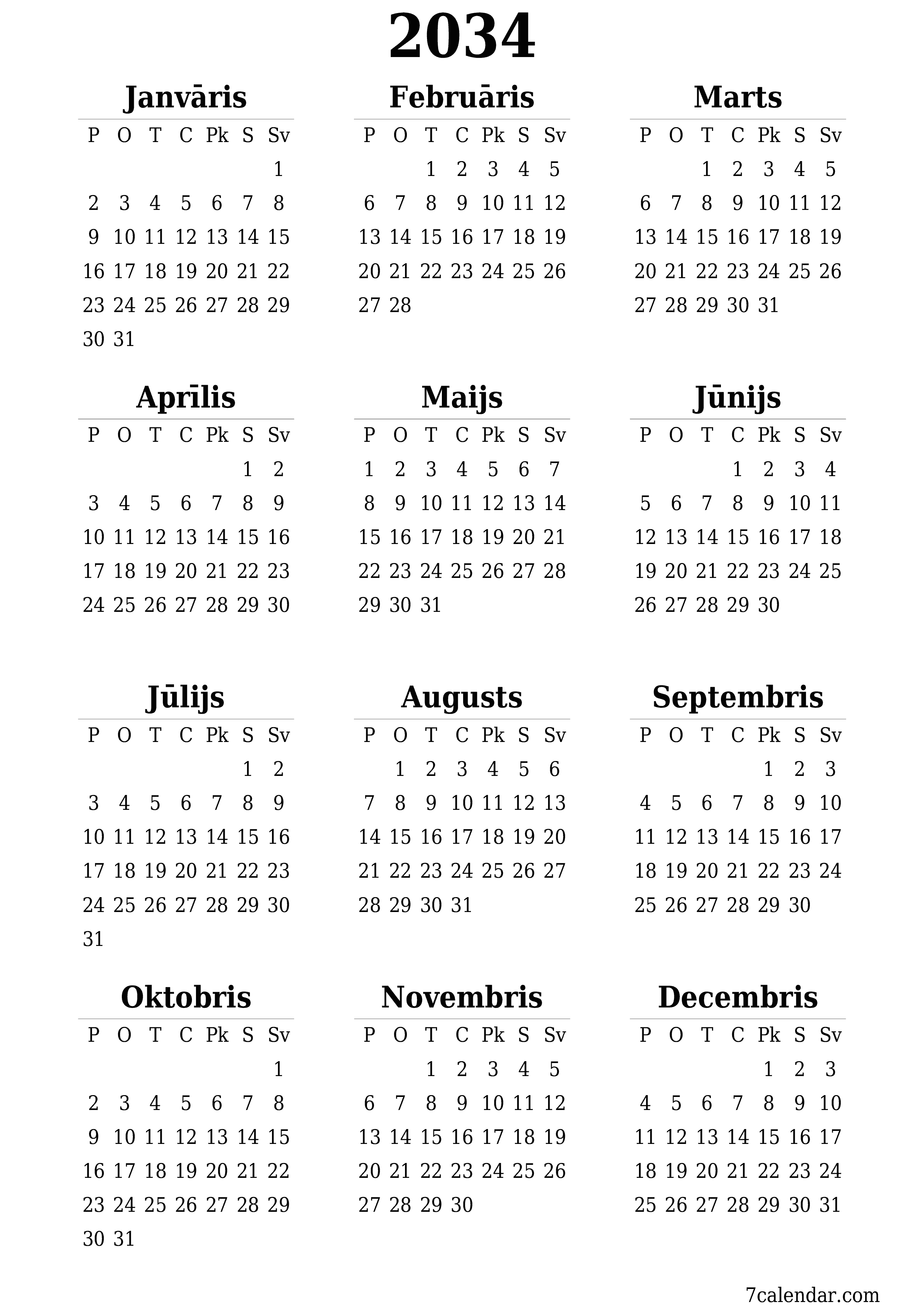izdrukājams sienas kalendāra veidne bezmaksas vertikāli Gada kalendārs Jūnijs (Jūn) 2034