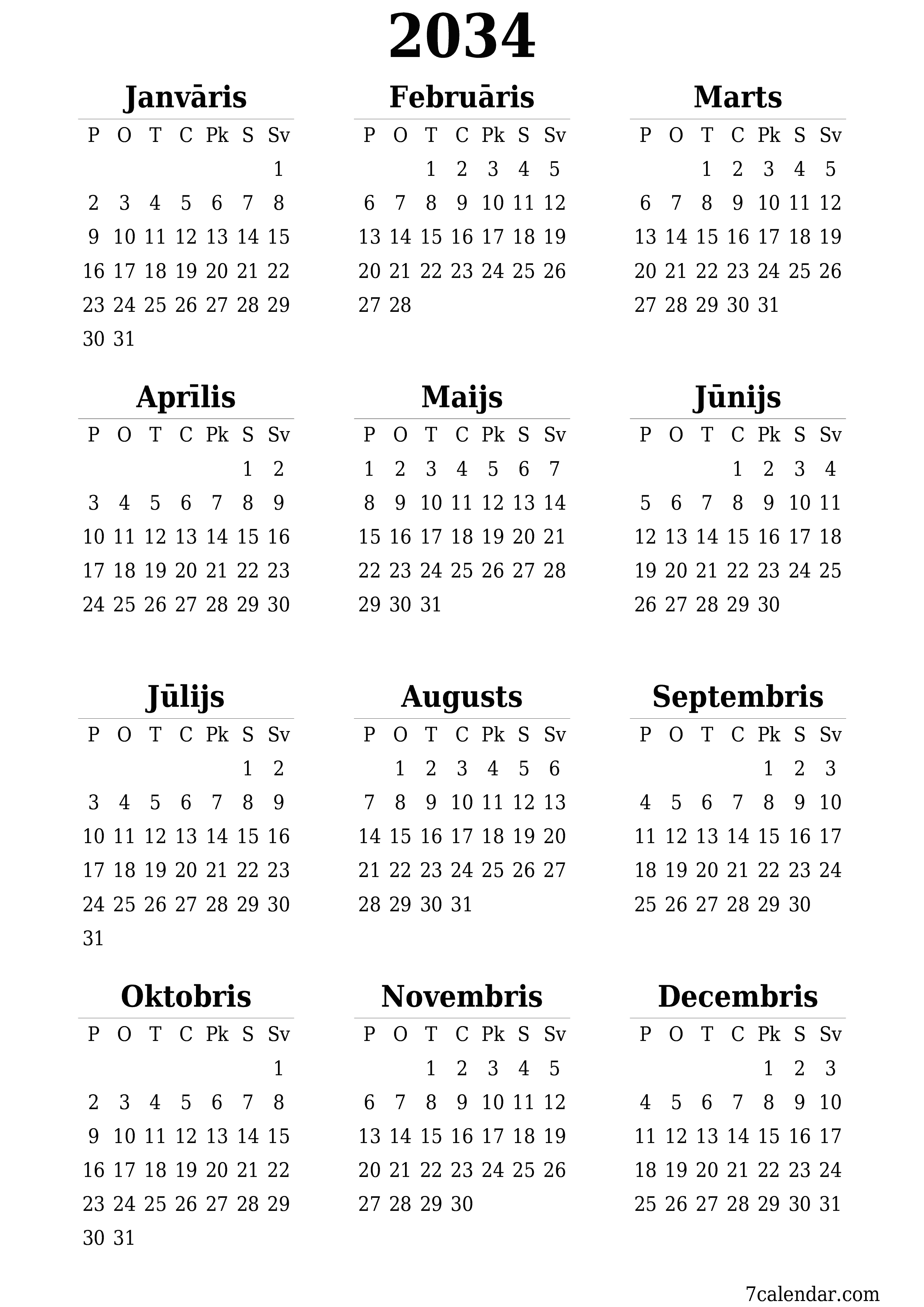 Tukšs gada plānotāja kalendārs gadam 2034 ar piezīmēm, saglabāšana un izdrukāšana PDF formātā PNG Latvian