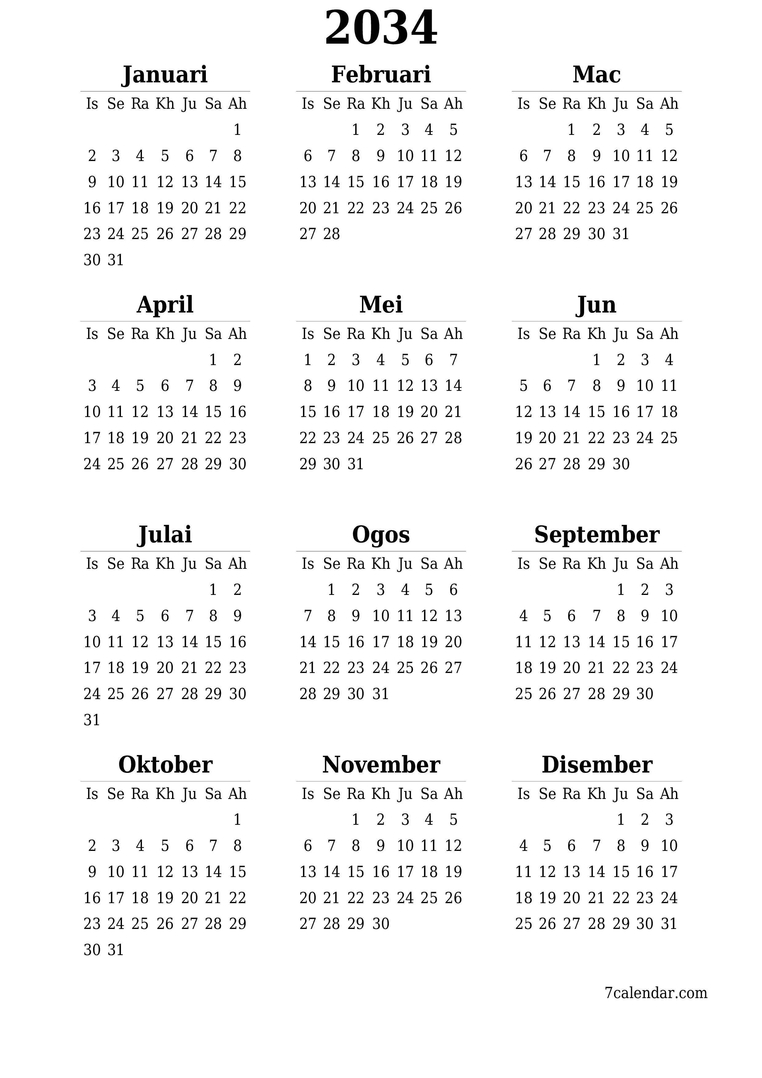 Kalendar perancang tahunan kosong untuk tahun ini 2034 dengan nota, simpan dan cetak ke PDF PNG Malay