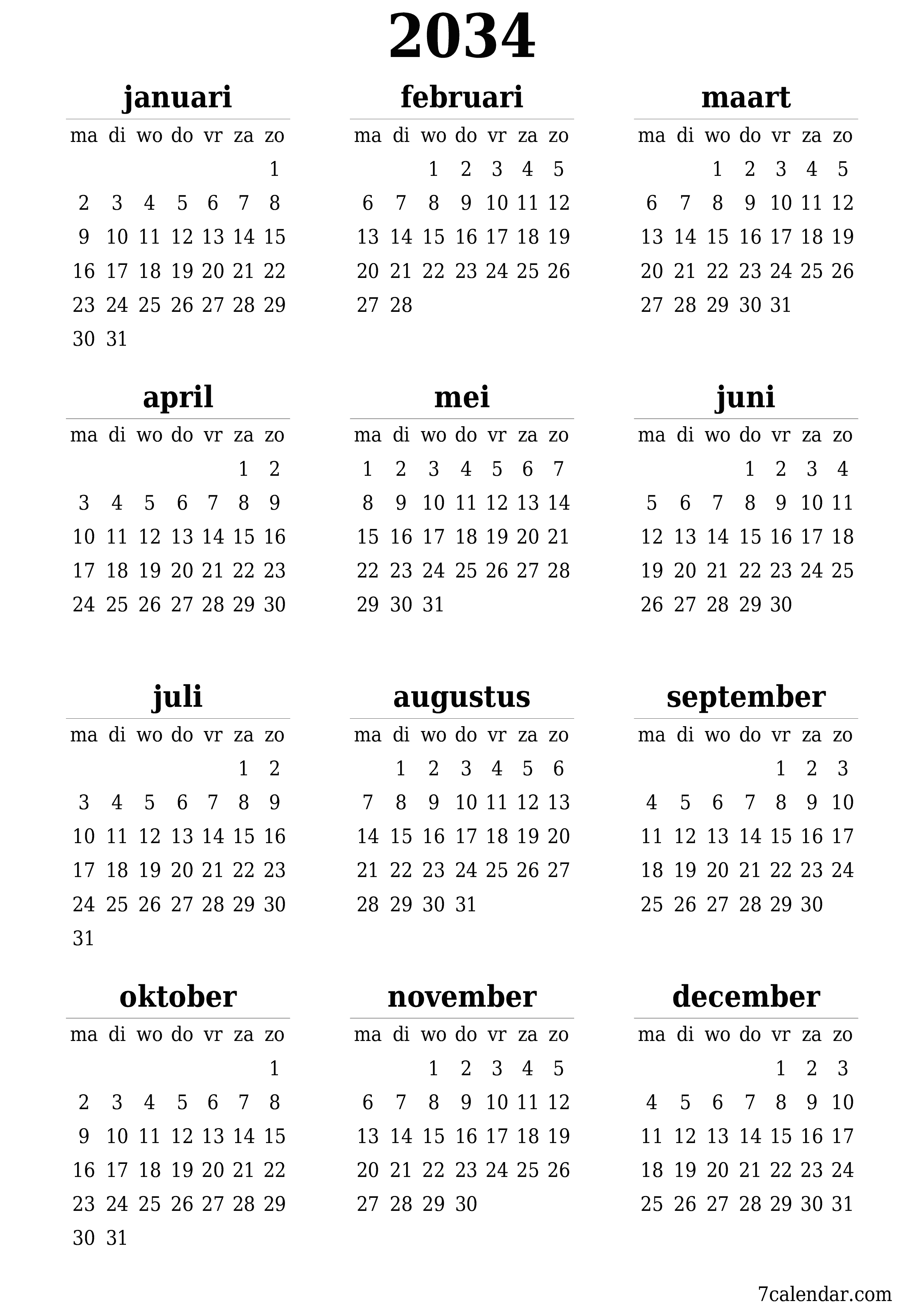 Lege jaarplanningskalender voor het jaar 2034 met notities, opslaan en afdrukken naar pdf PNG Dutch