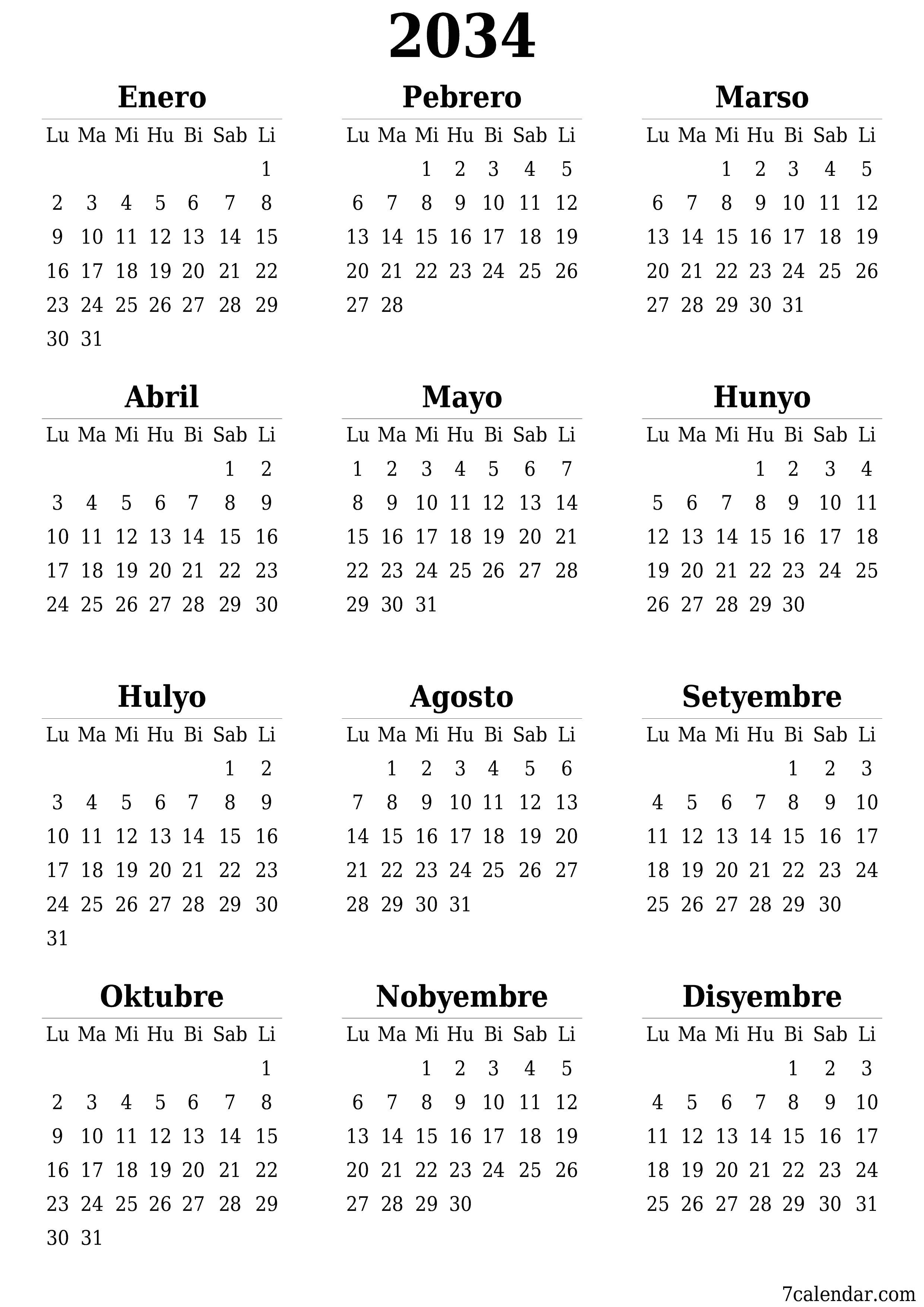 Walang laman ang taunang kalendaryo ng tagaplano para sa taong 2034 na may mga tala, i-save at i-print sa PDF PNG Filipino