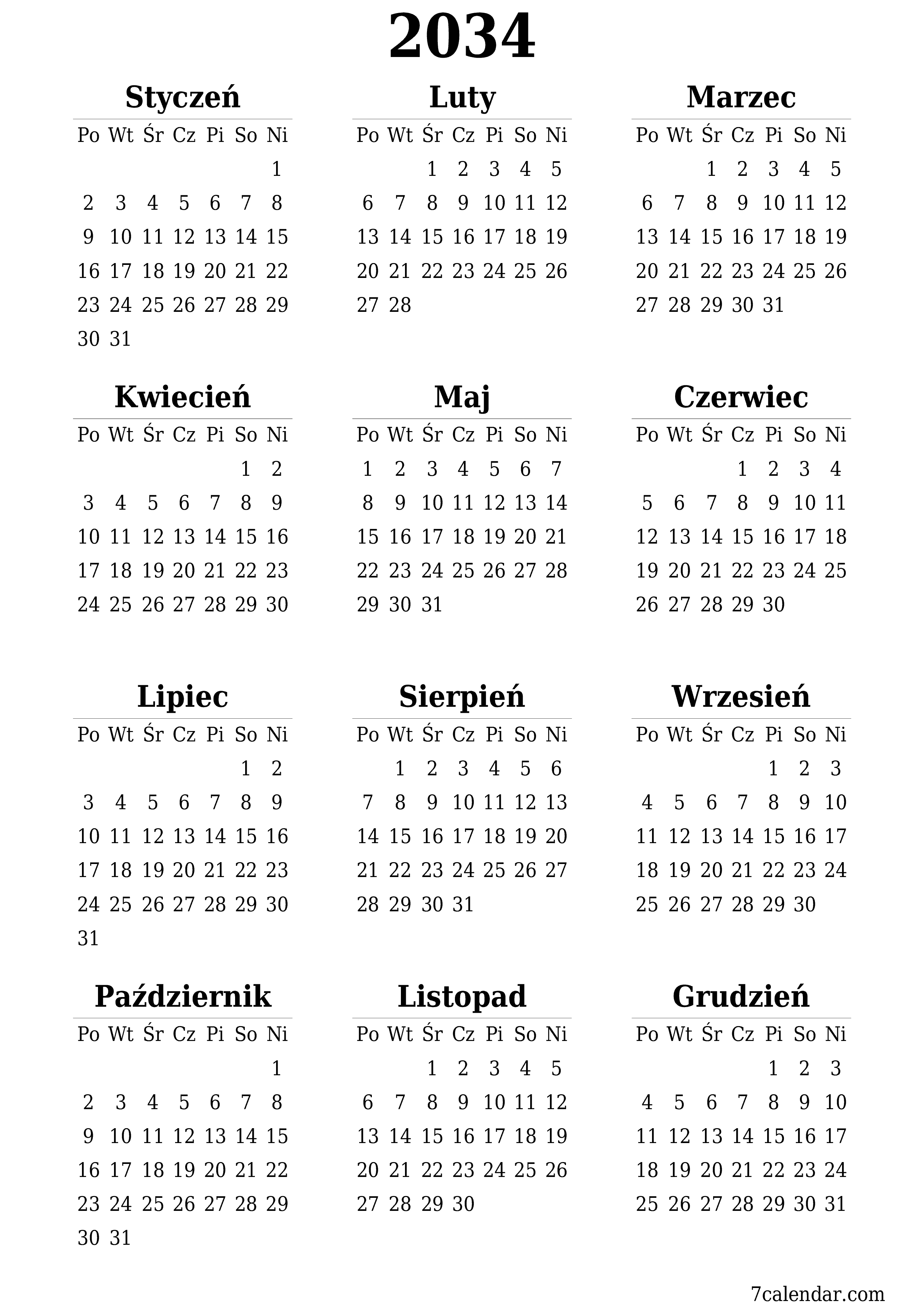  do druku ścienny szablon a darmowy pionowy Roczny kalendarz Czerwiec (Cze) 2034
