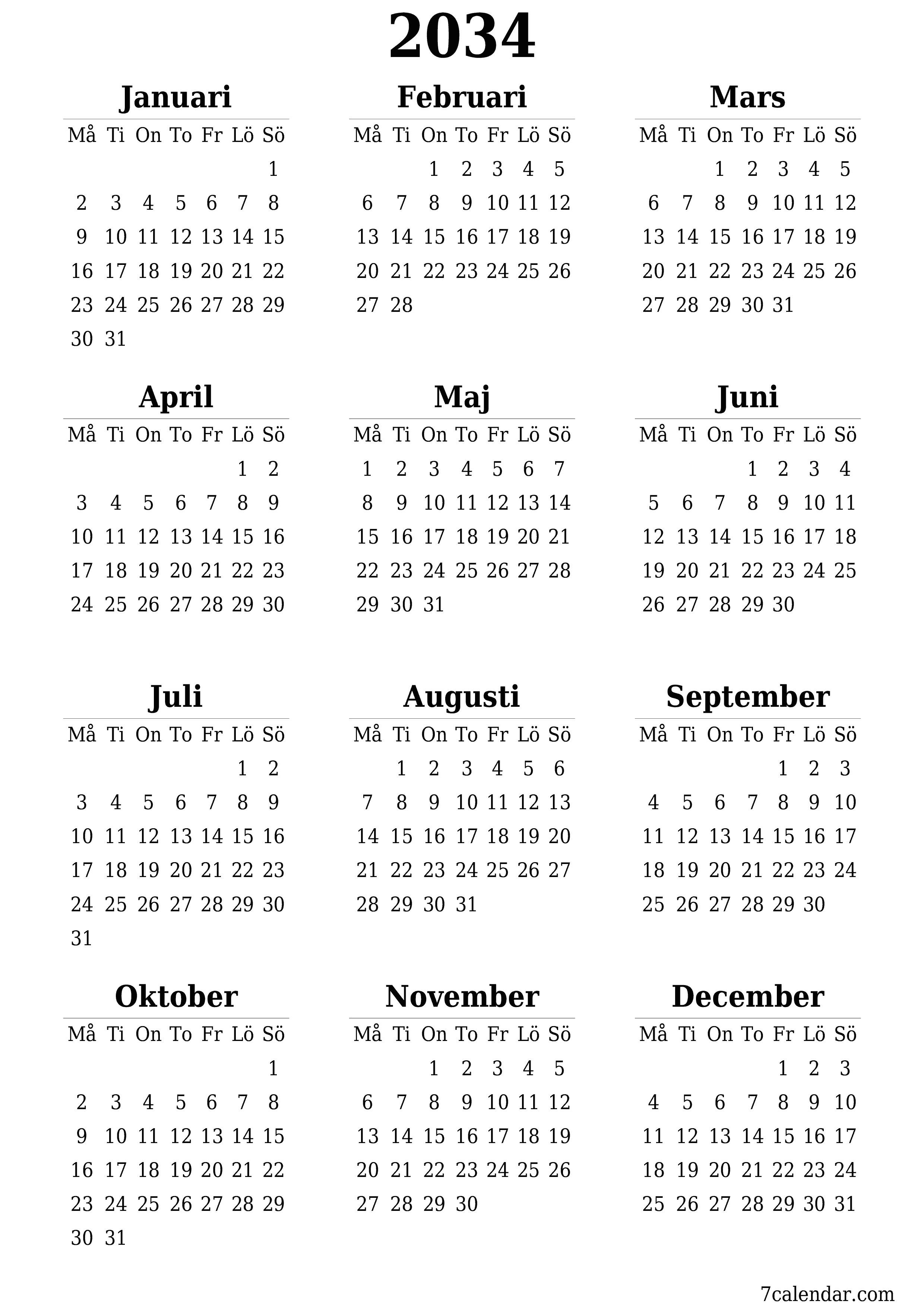 Tom årlig planeringskalender för året 2034 med anteckningar, spara och skriv ut till PDF PNG Swedish