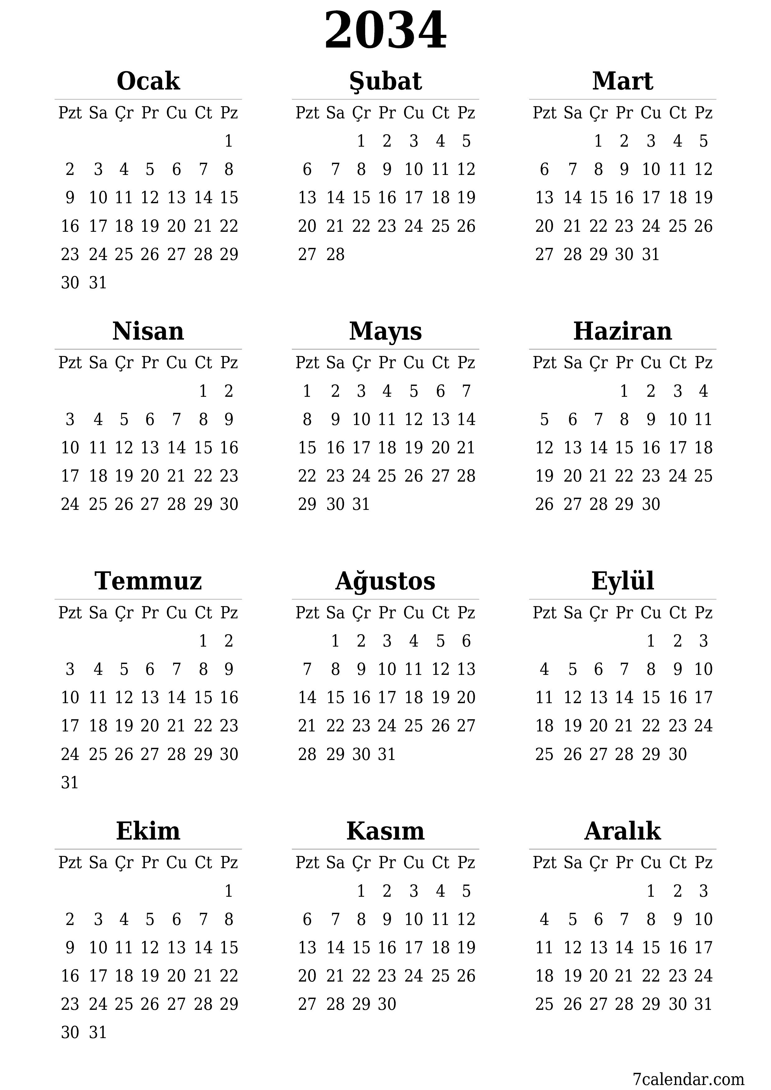 yazdırılabilir duvar i şablonu ücretsiz dikey Yıllık takvim Haziran (Haz) 2034