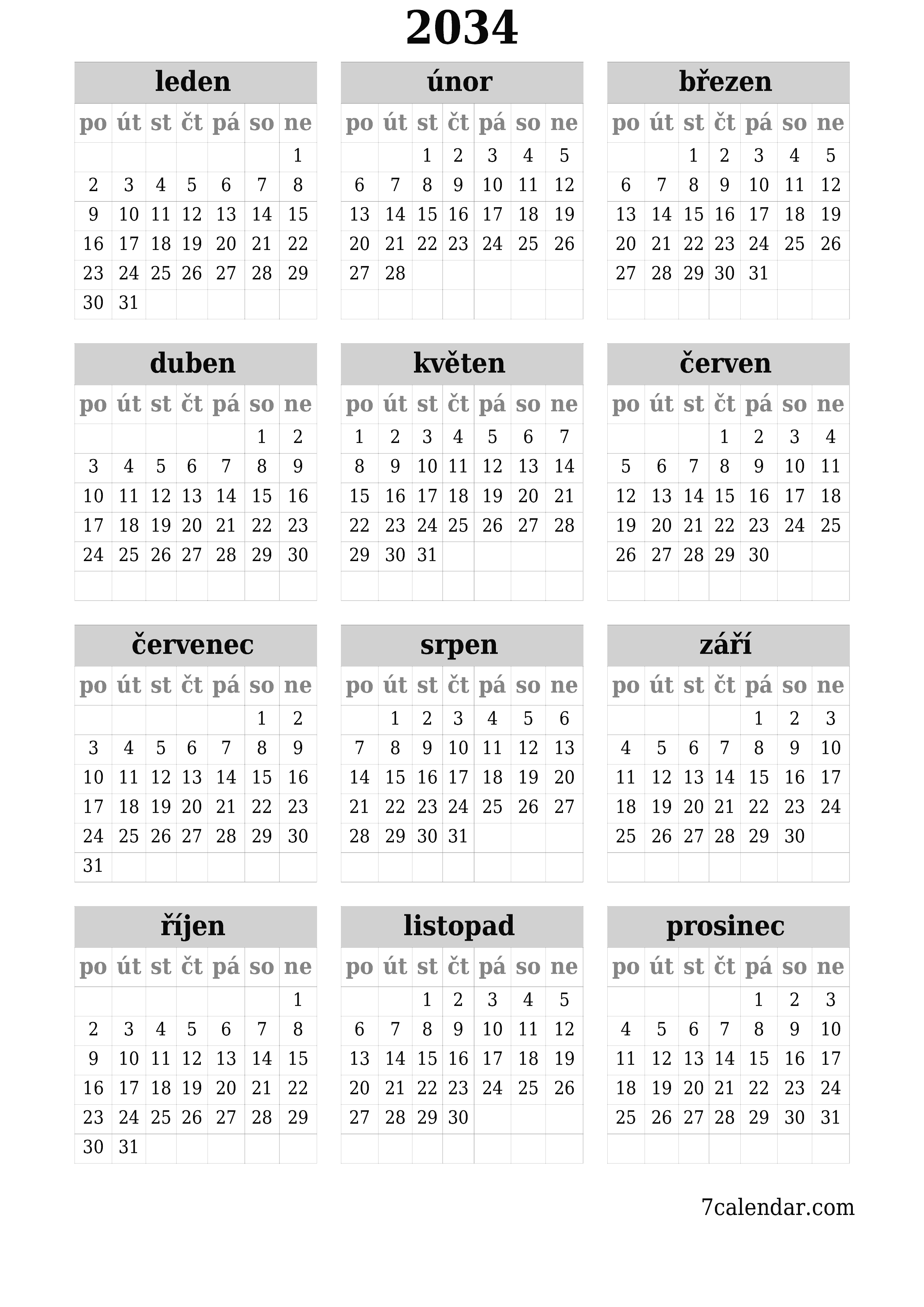  pro tisk nástěnný šablona e zdarmavertikální Roční kalendář červen (čvn) 2034