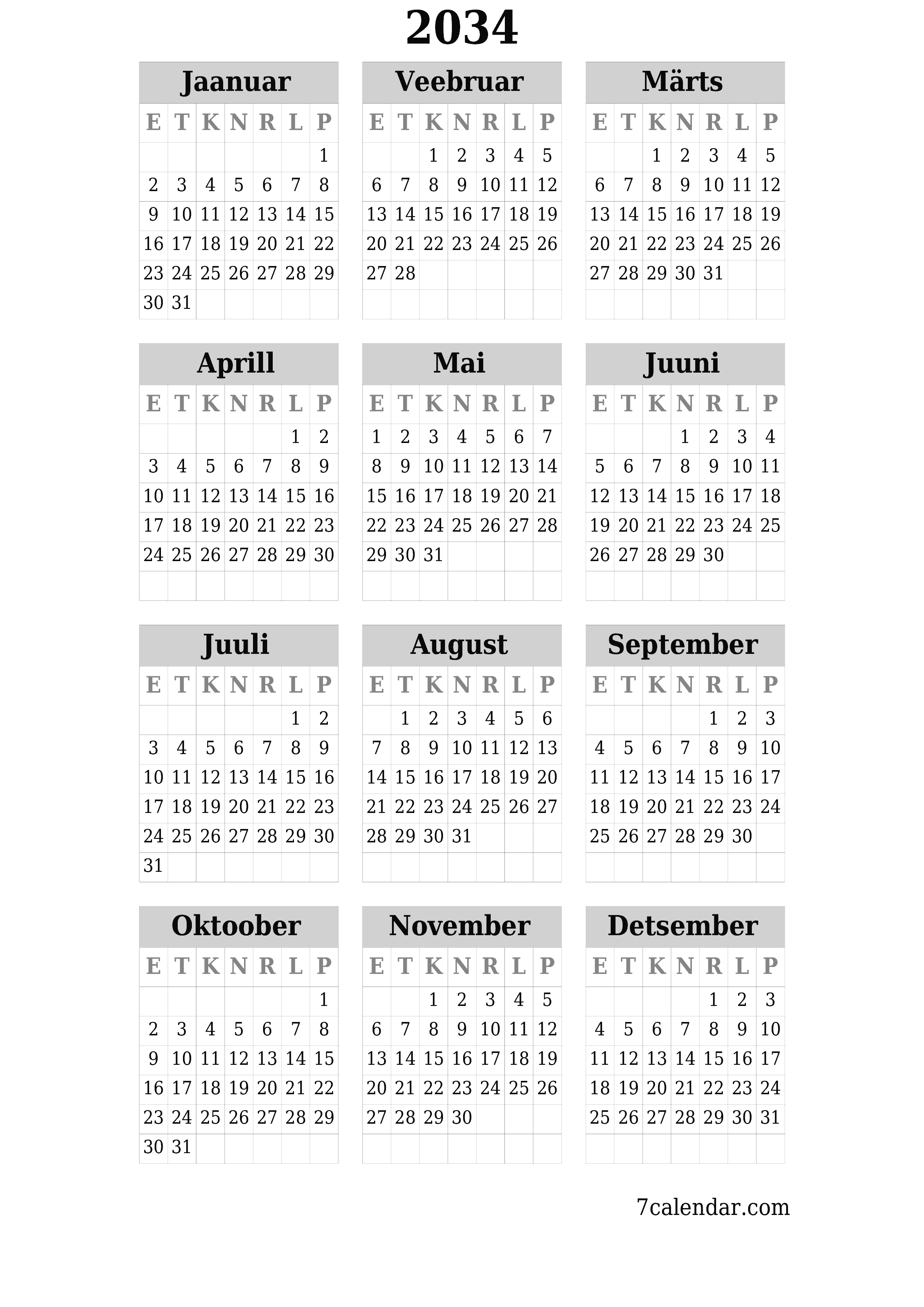 Tühi aasta planeerija kalender aastaks 2034 koos märkmetega, salvestage ja printige PDF-i PNG Estonian