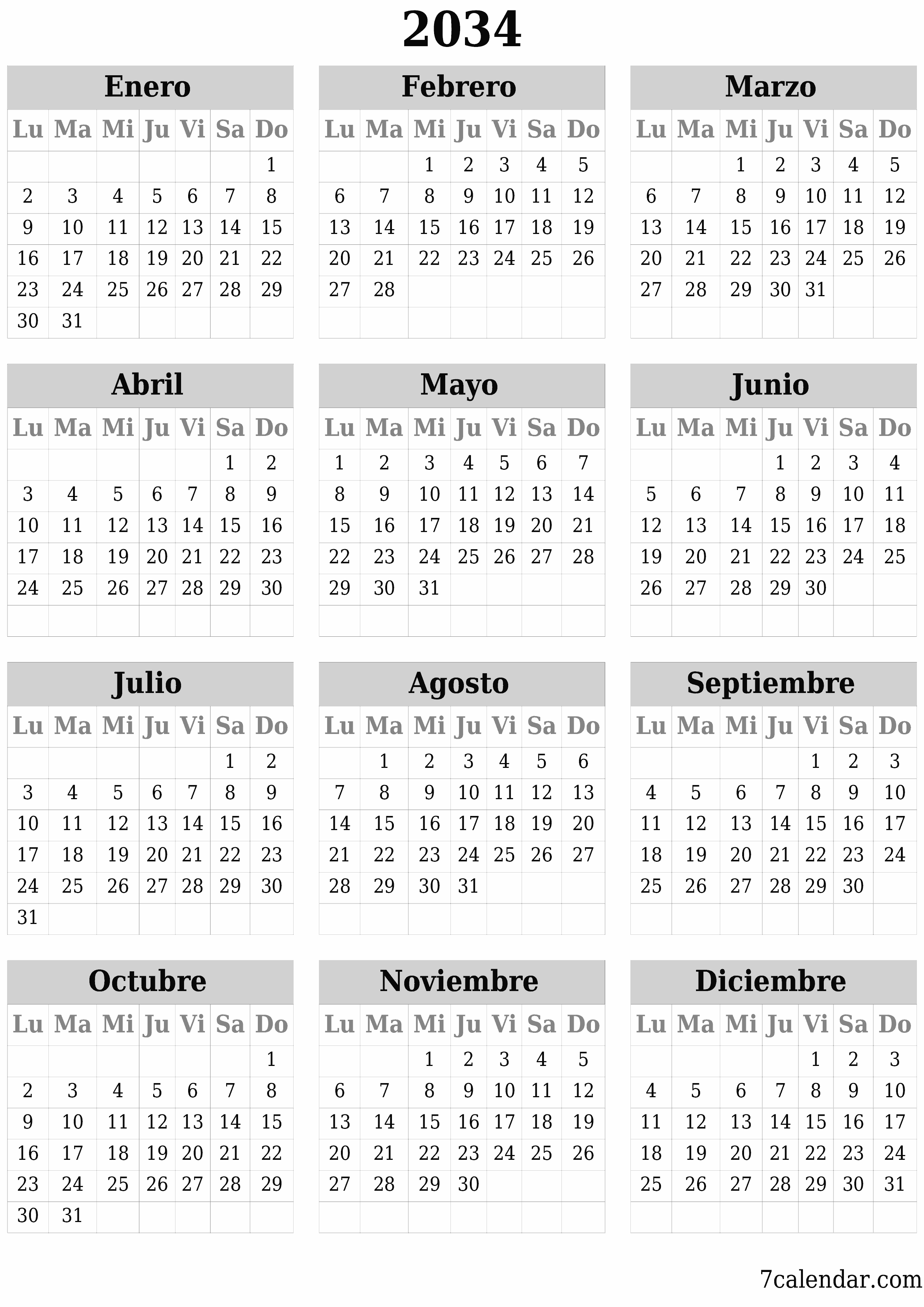 Calendario planificador anual vacío para el año 2034 con notas, guardar e imprimir en PDF PNG Spanish